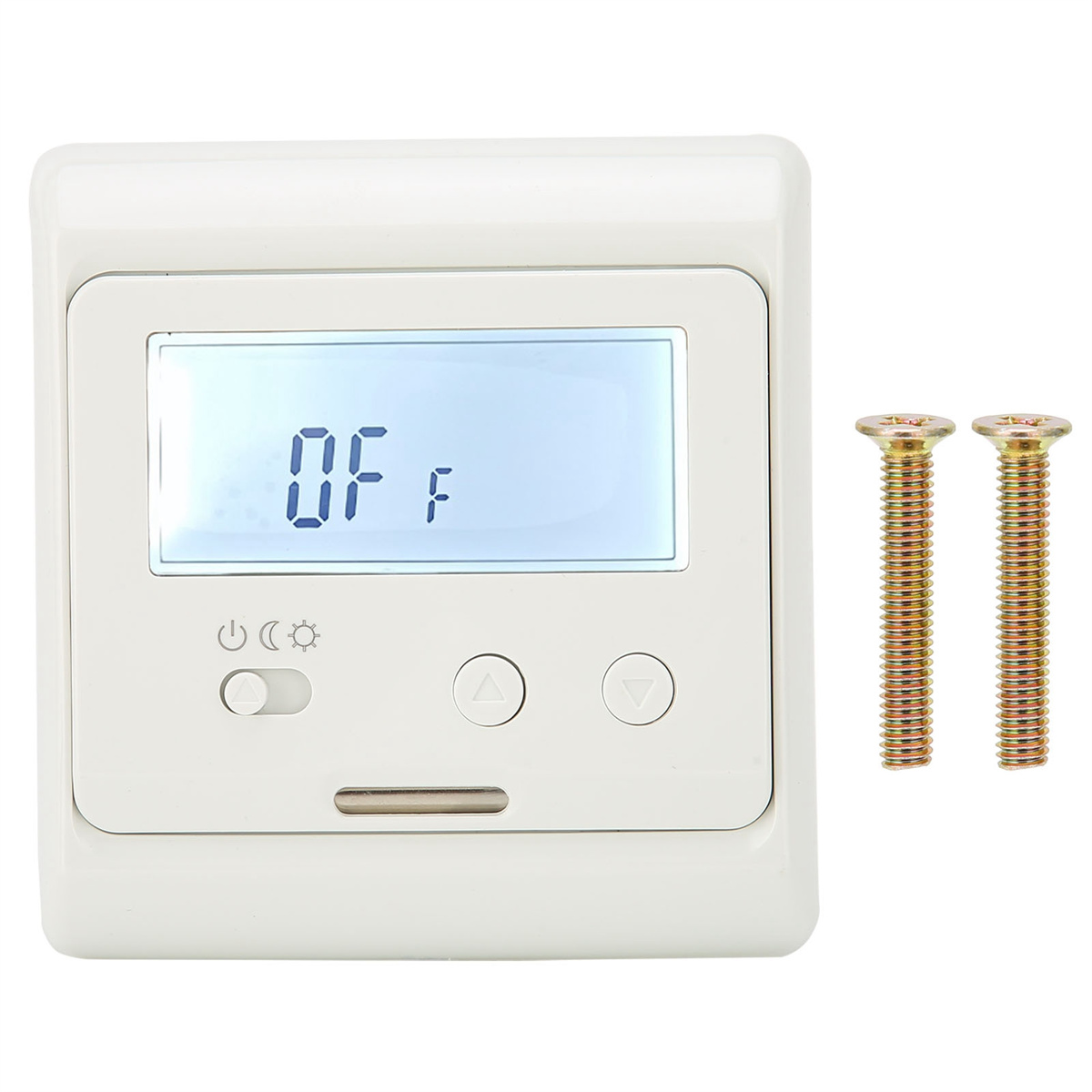 Weißer Thermostat mit LCD-Anzeige 'OF', zwei Schrauben auf weißem Hintergrund.
