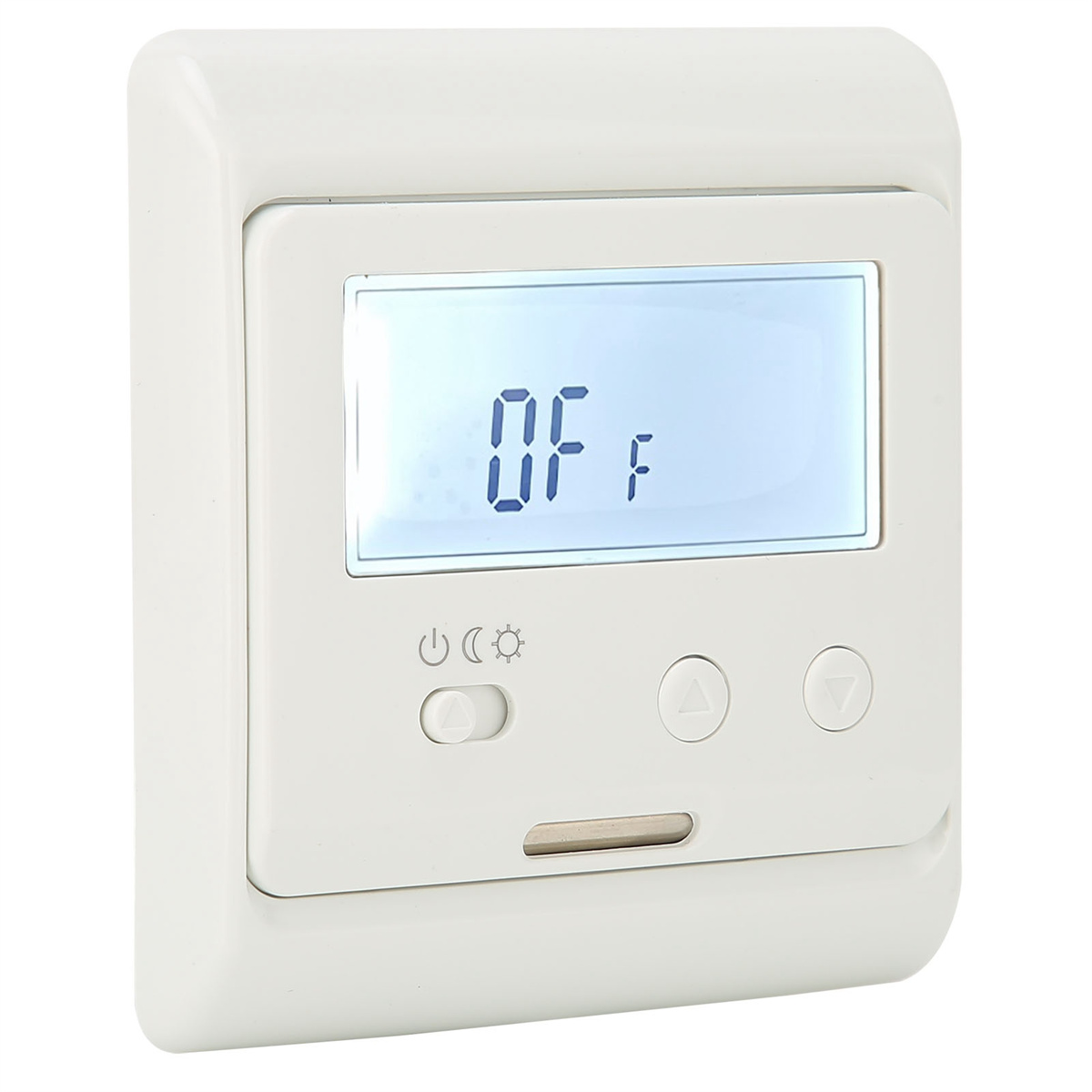 Ein weißes Thermostat mit LCD-Bildschirm, der 'OF F' anzeigt, mit Tasten und einem Kippschalter.