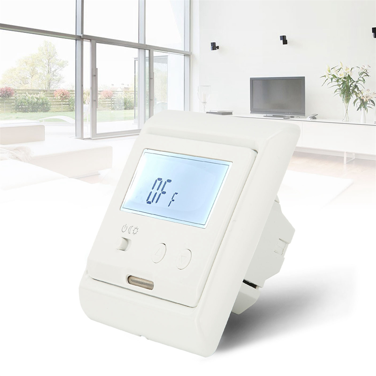 Ein weißes digitales Thermostat mit "OFF"-Anzeige.