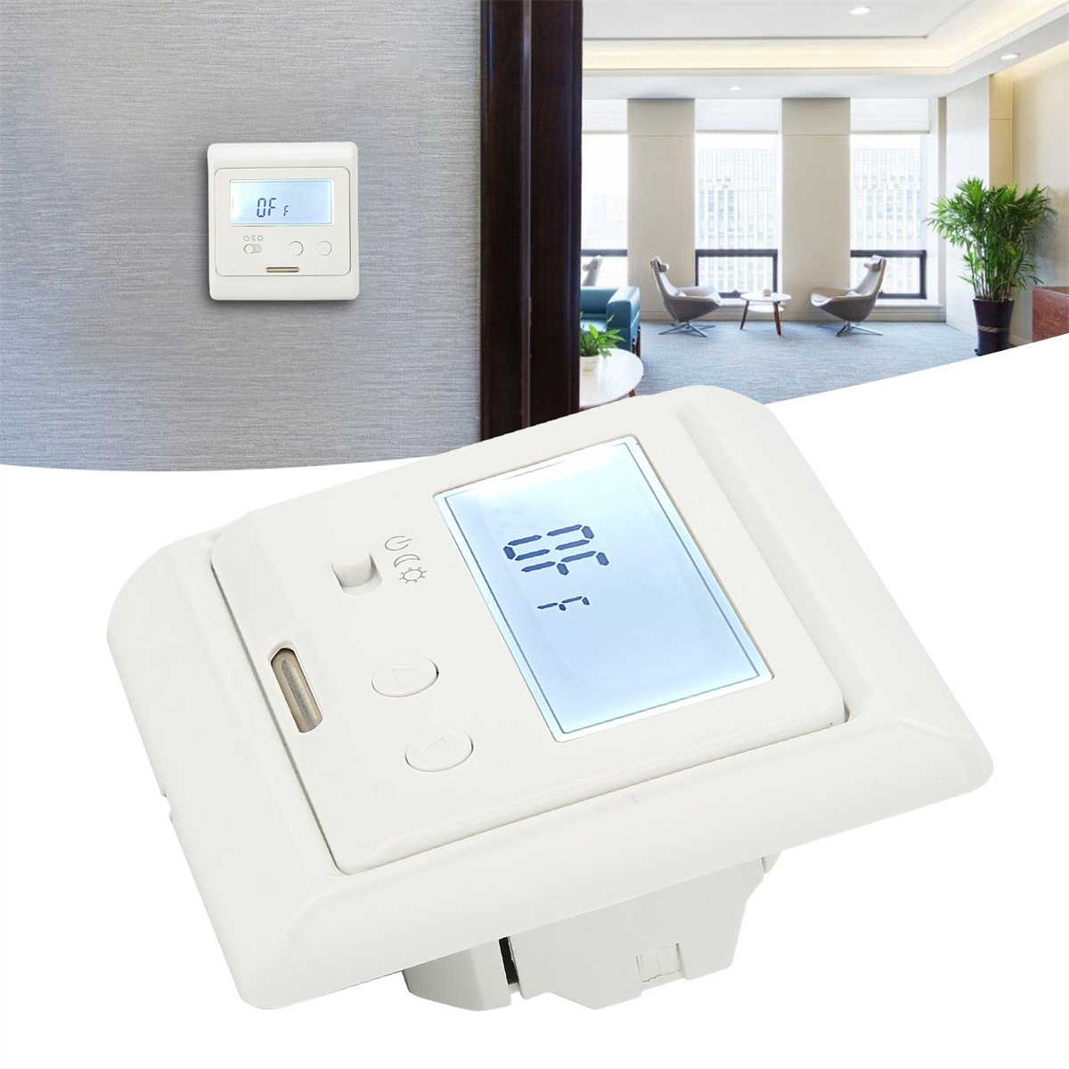 Weißer Thermostat an einer Wand. Der Bildschirm zeigt "AUS". Ein zweiter Thermostat ist ebenfalls im Hintergrund sichtbar.