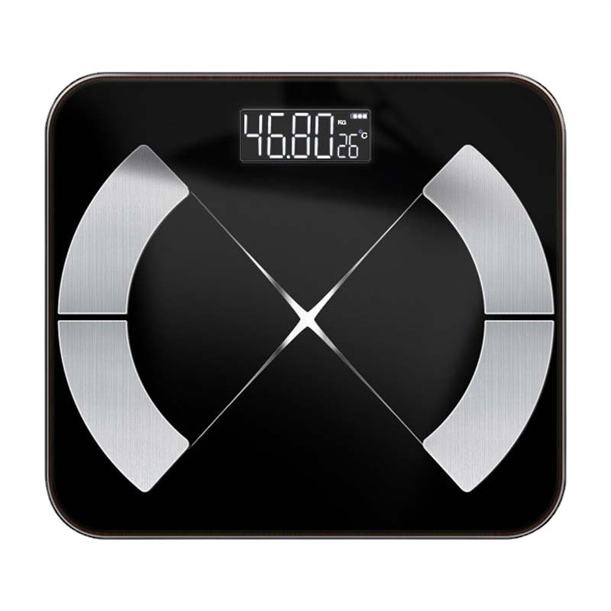 Schwarze Digitalwaage mit Gewicht und Temperatur, silberfarbenes Design.