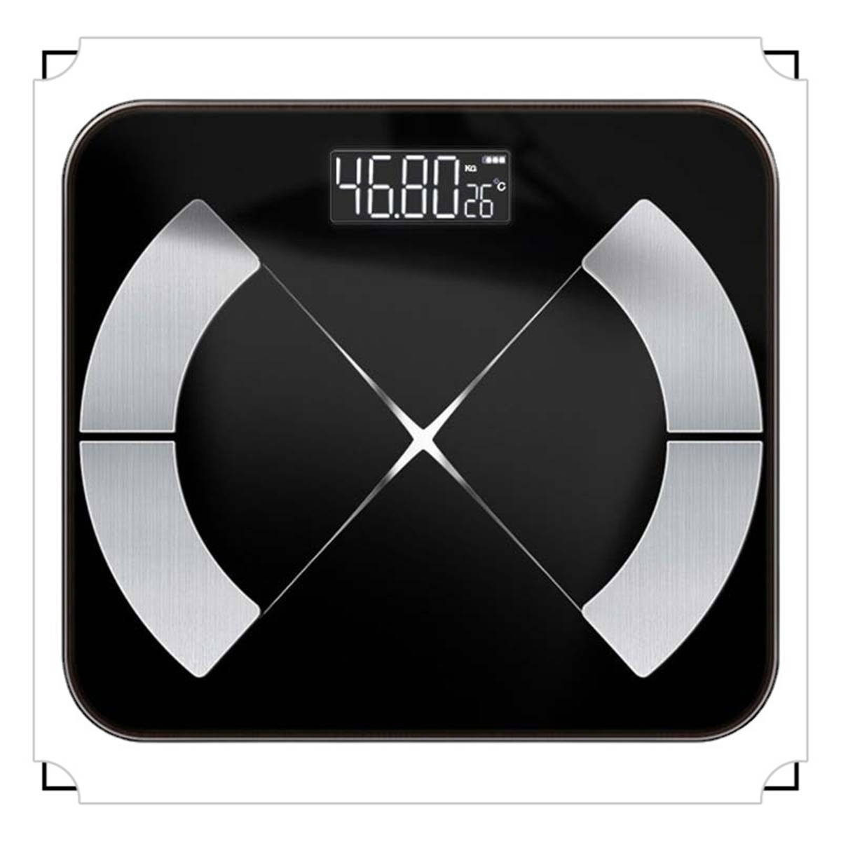 Schwarze und silberne Digitalwaage. Zeigt 46,80 kg und 26°C an. Weißer Rahmen.