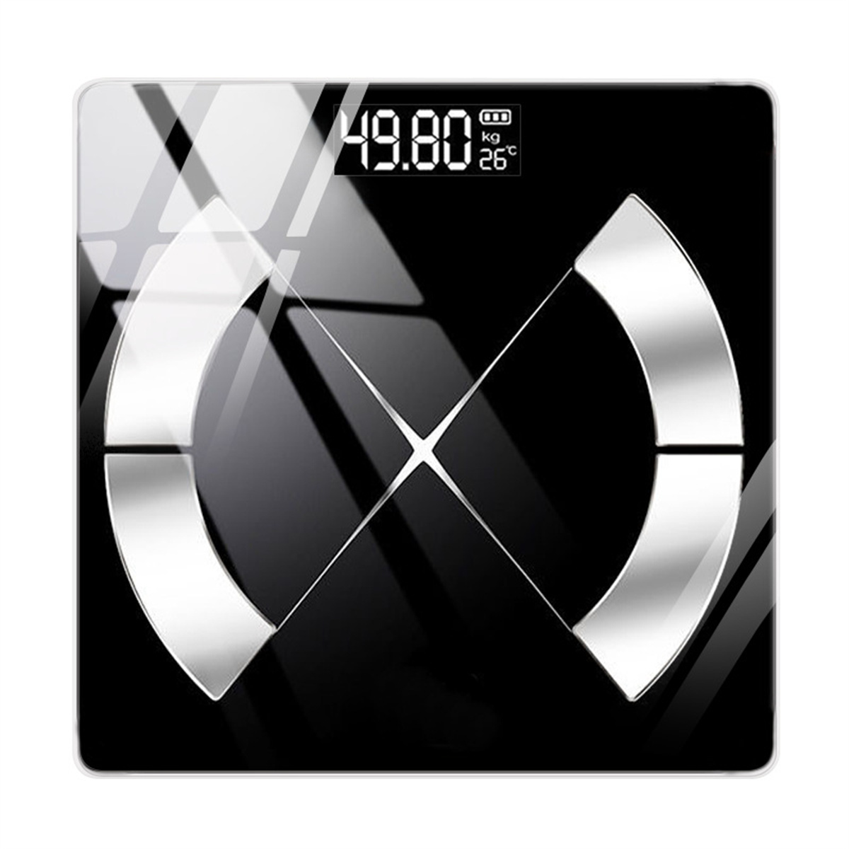 Schwarze digitale Waage. Zeigt 49,80 kg und 26 Grad Celsius an.