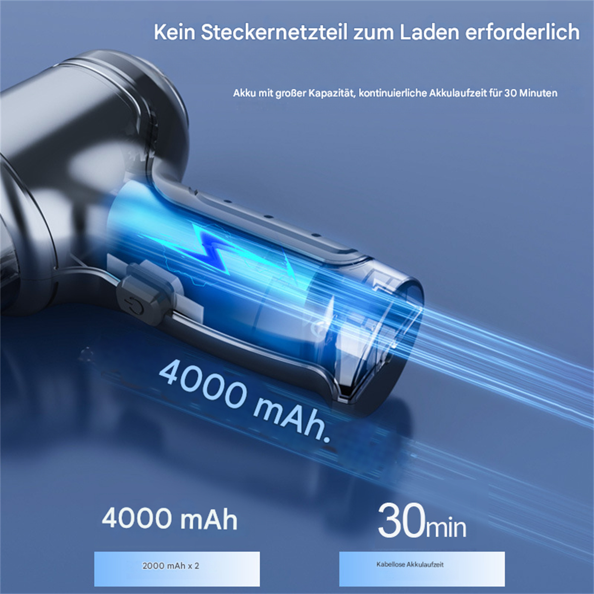 Ein elektrischer Haartrockner mit offenem Design, der blaues Licht und einen Akku mit 4000 mAh Kapazität zeigt.