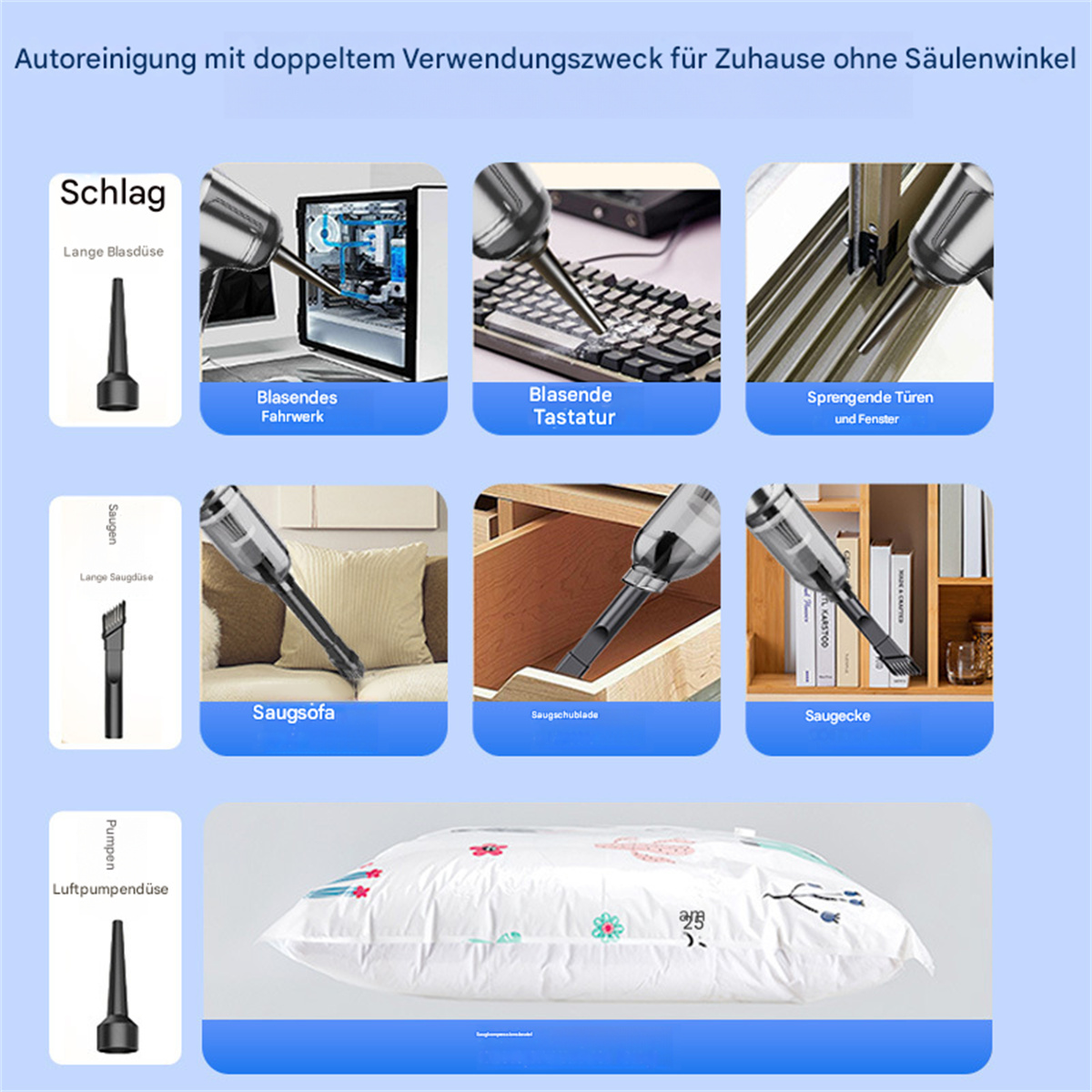 Staubsauger mit mehrfacher Verwendung. Reinigungskomponenten umfassen Düsen für Ecken, Tastaturen und Sofas.