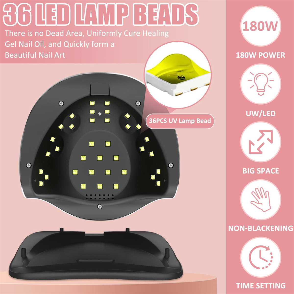 Schwarze Nagellampe mit 36 LED-Perlen und rosa Hintergrund.