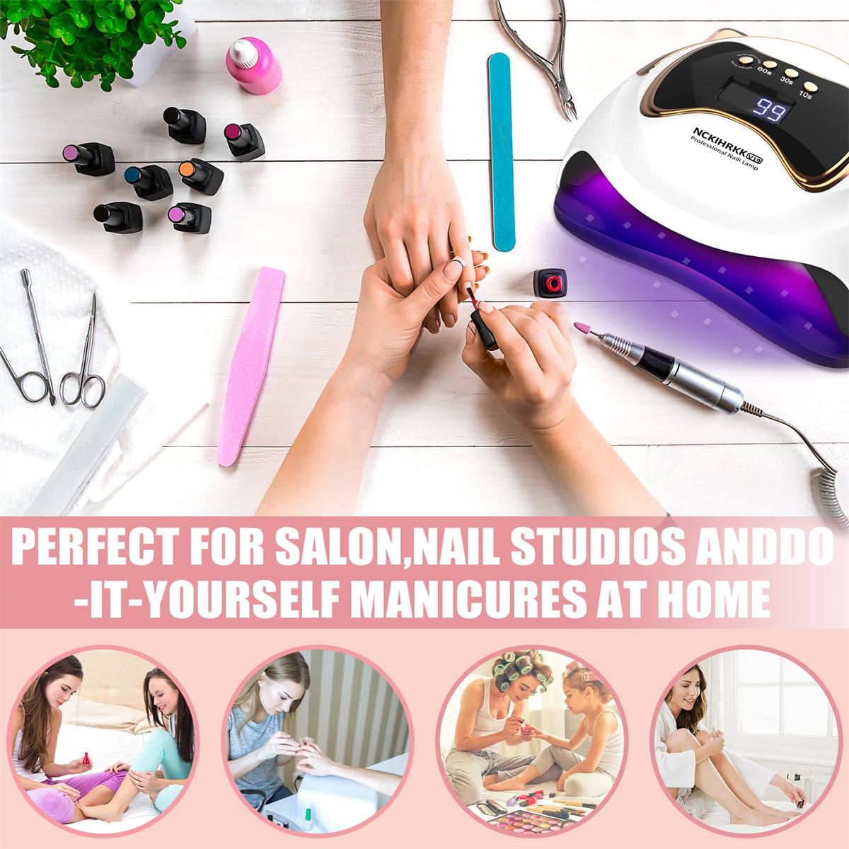 Hände machen Maniküre mit Werkzeugen wie UV-Lampe, Nagelfeilen und Politur. Es heißt perfekt für Salon, Nagelstudios und DIY-Maniküren.