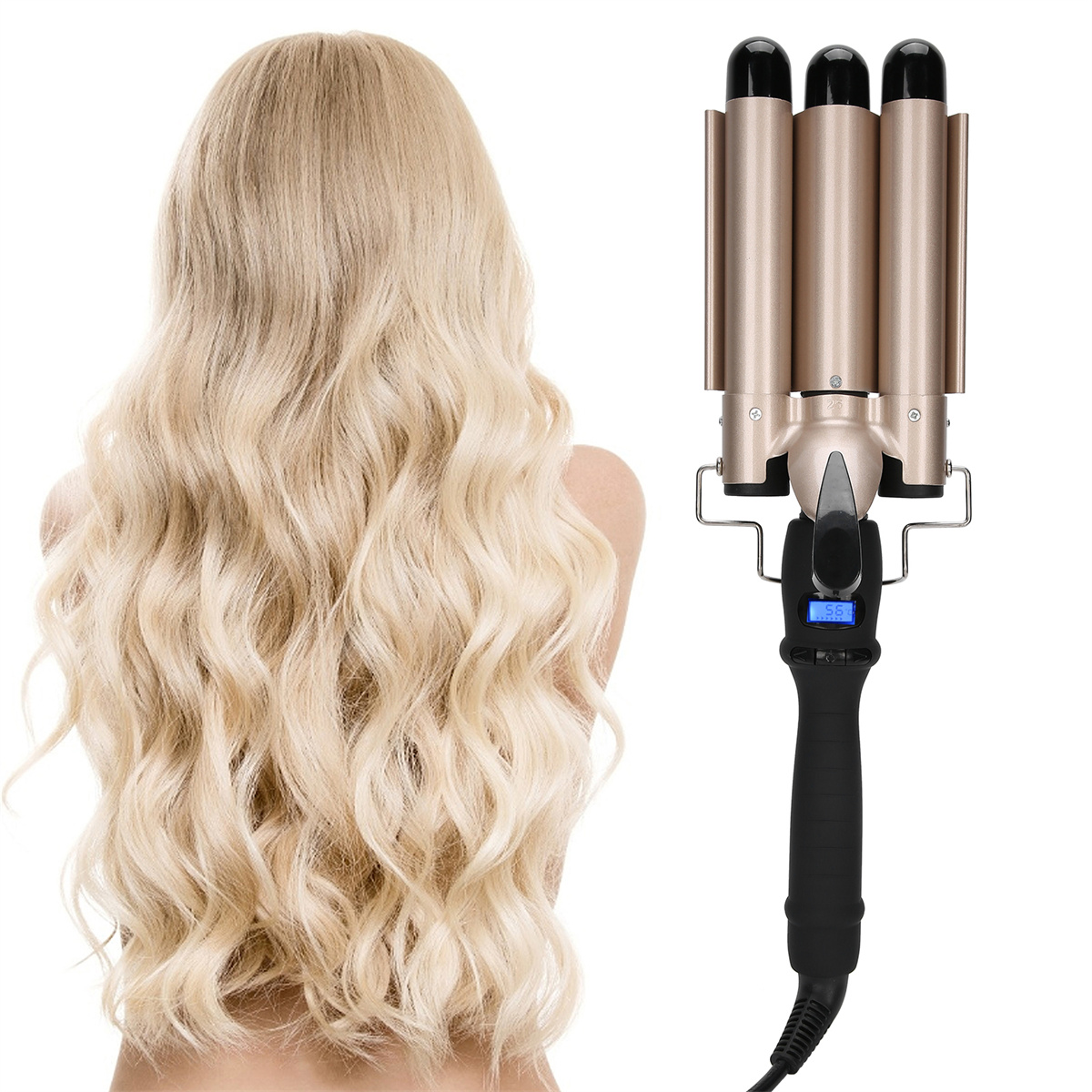 Frau mit blondem, gewelltem Haar und einem goldenen Haarwellengerät.