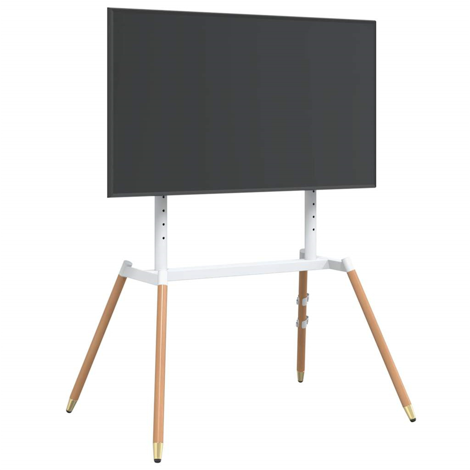 Ein moderner TV-Ständer mit schwarzem Bildschirm, weißem Rahmen, Holzbeinen und goldenen Akzenten.