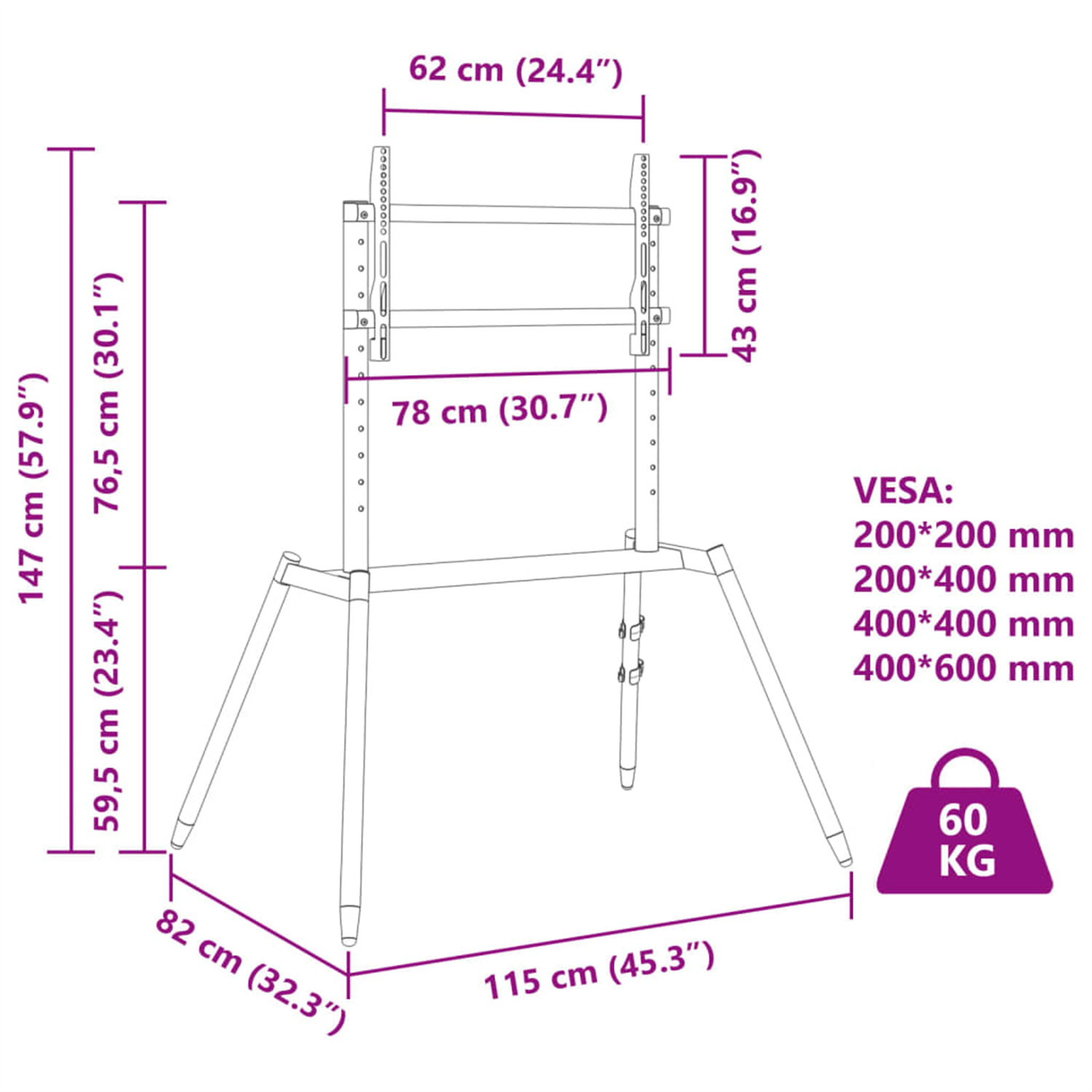Diagramm eines TV-Ständers mit Abmessungen und Tragfähigkeit.