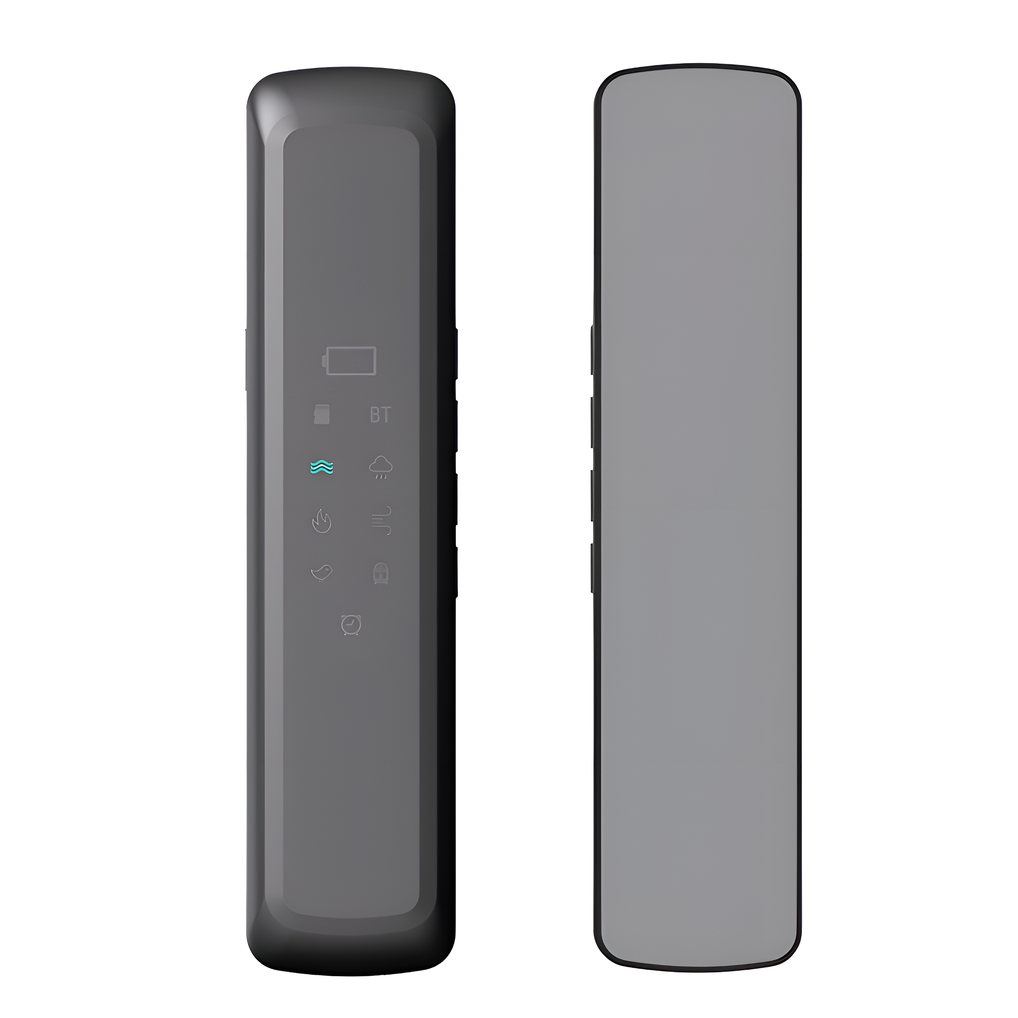 Eine schwarze Fernbedienung mit Knöpfen, Symbolen und Batteriestandsanzeige auf der Oberfläche.