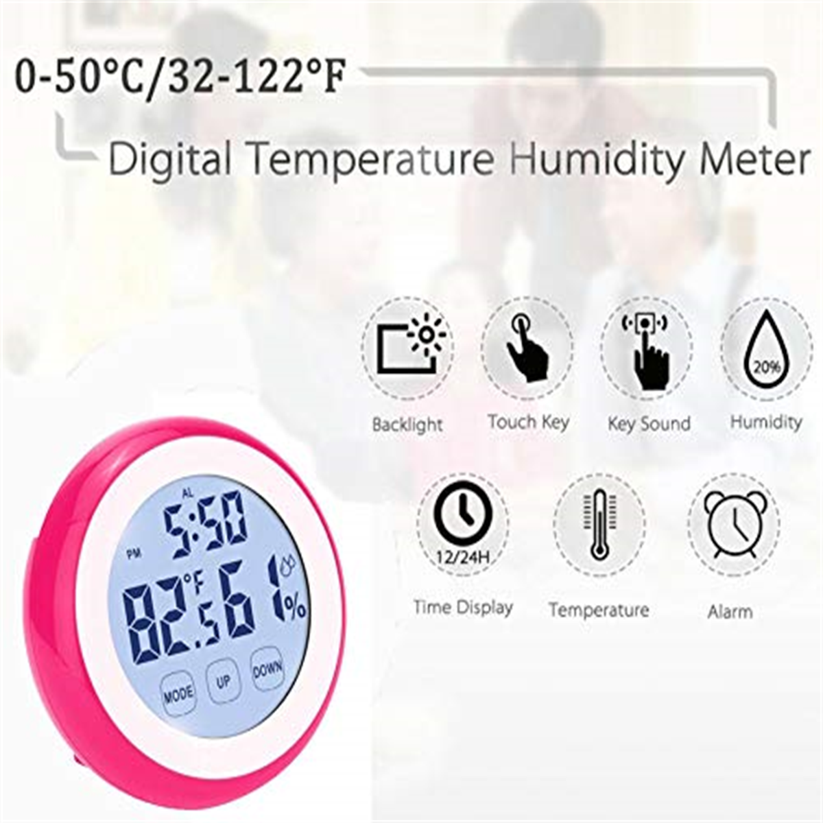 Rosa digitales Temperatur-Feuchtigkeitsmessgerät mit verschiedenen Symbolen und Anzeige.