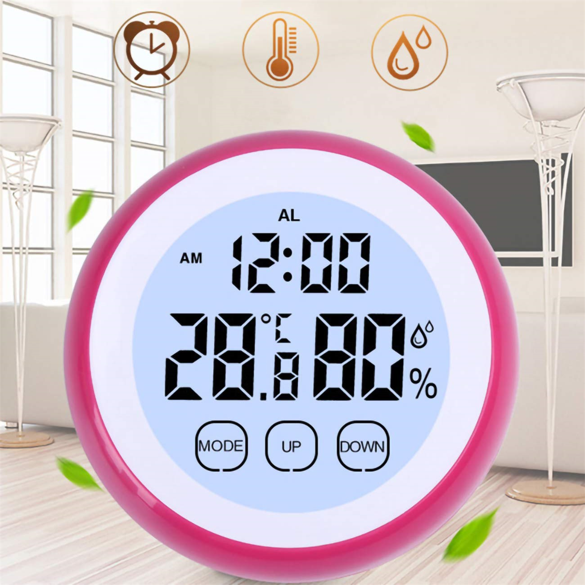 Digitaluhr mit Anzeige von Temperatur, Feuchtigkeit und Zeit.