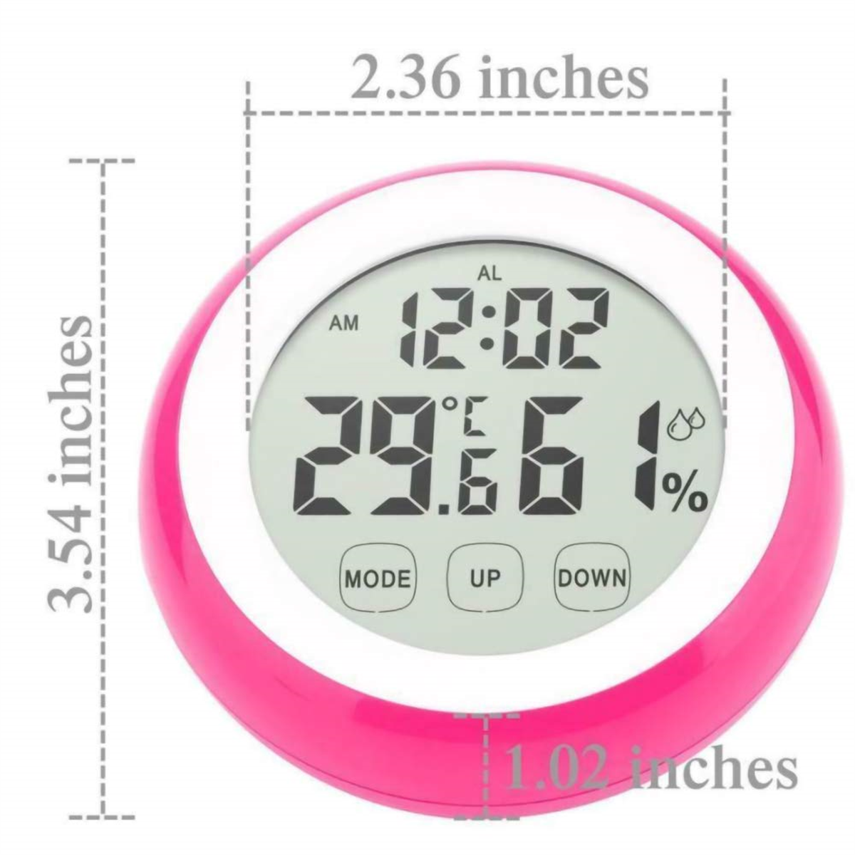 Rosa und weiße Digitaluhr, die Zeit, Temperatur und Luftfeuchtigkeit anzeigt.