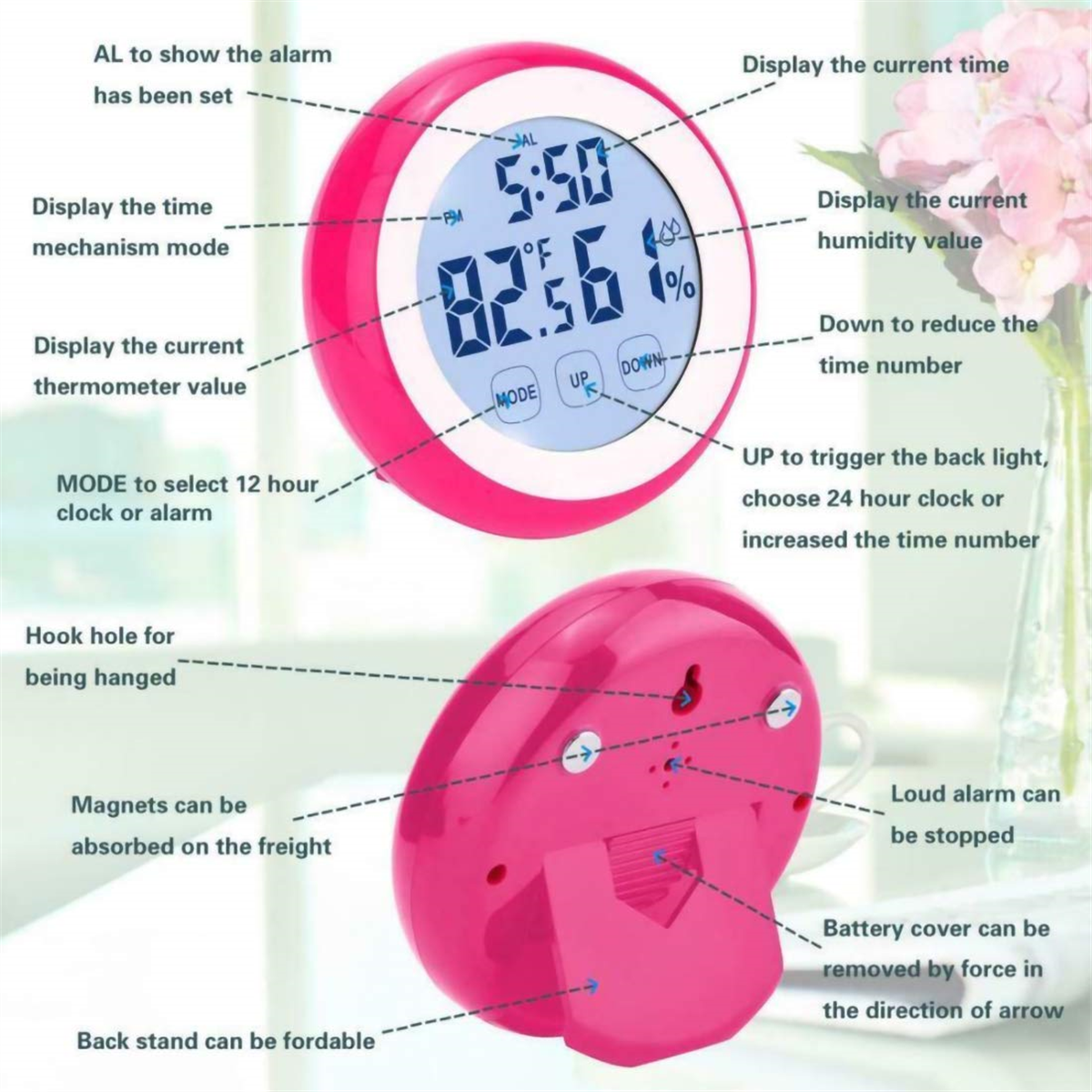 Rosa digitaler Wecker mit mehreren Tasten und Display mit Annotationen.