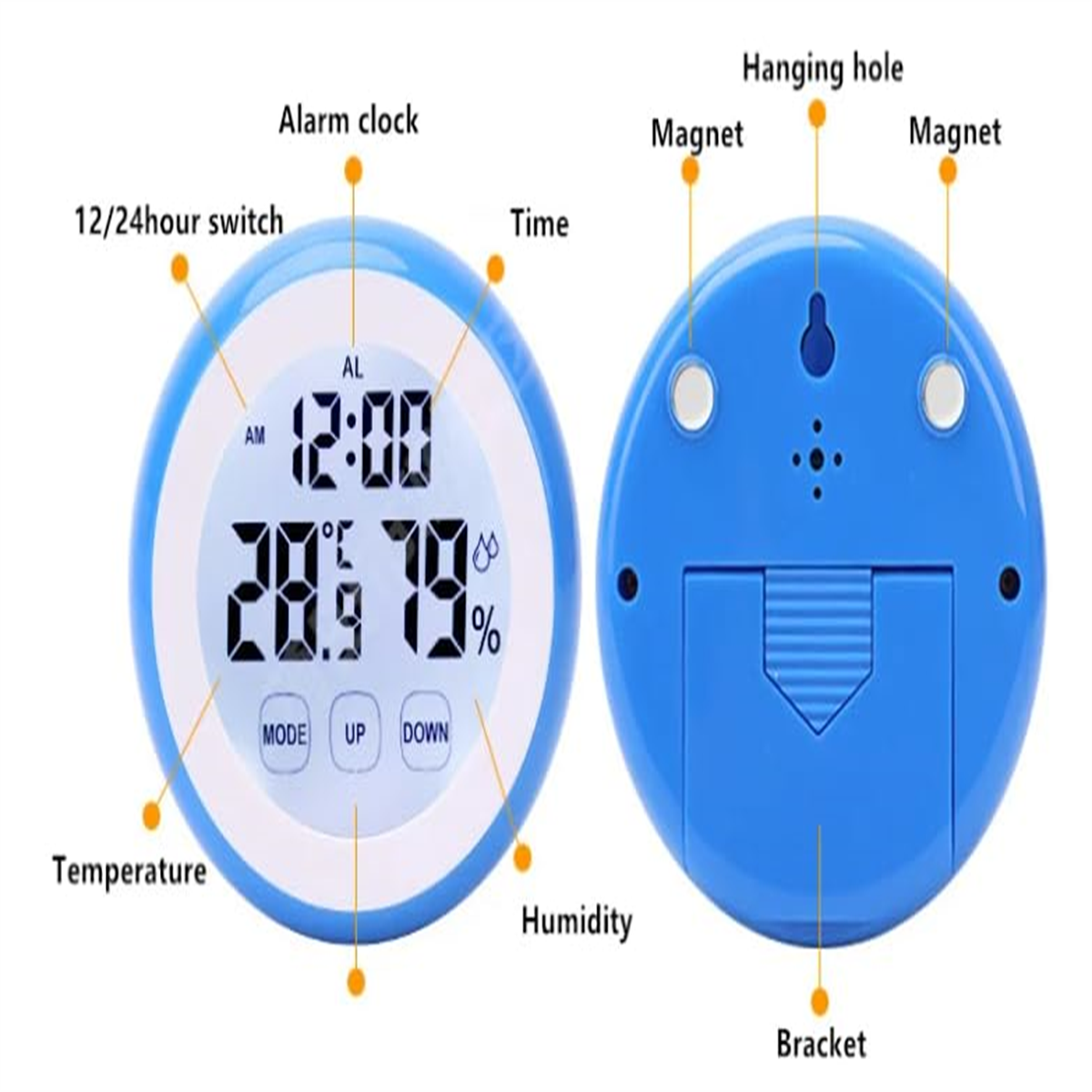 Eine Digitaluhr mit Temperatur-, Feuchtigkeits- und Zeitanzeige. Sie hat Knöpfe und ist blau.