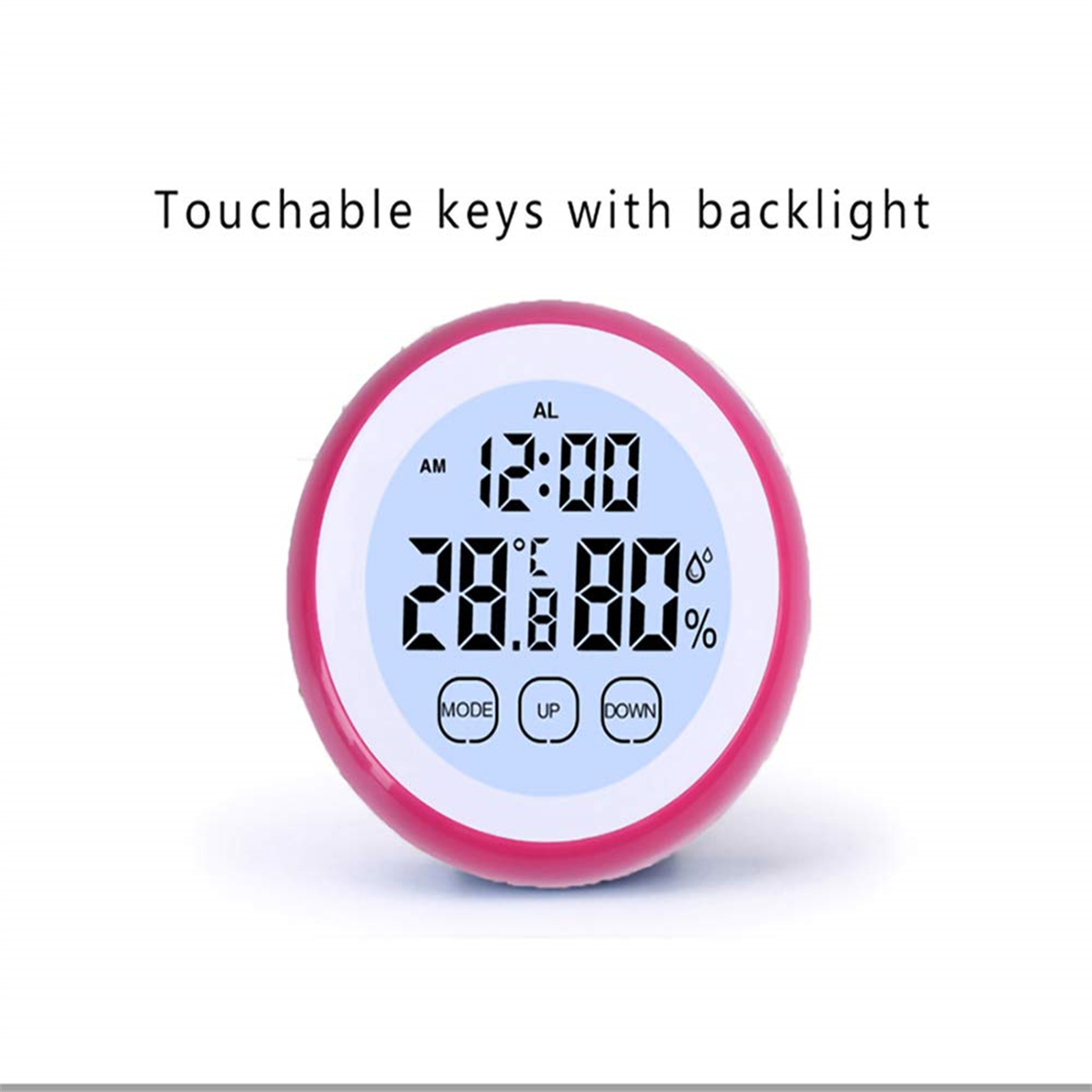 Ein runder digitaler Thermometer mit pinkfarbenem Rand, der Zeit, Temperatur und Luftfeuchtigkeit anzeigt.