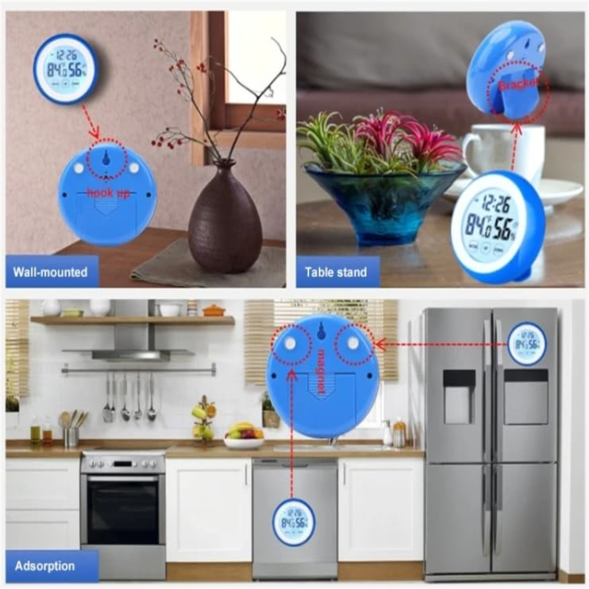 Mehrere Bilder, die blaue, runde digitale Thermometer in verschiedenen häuslichen Umgebungen zeigen.