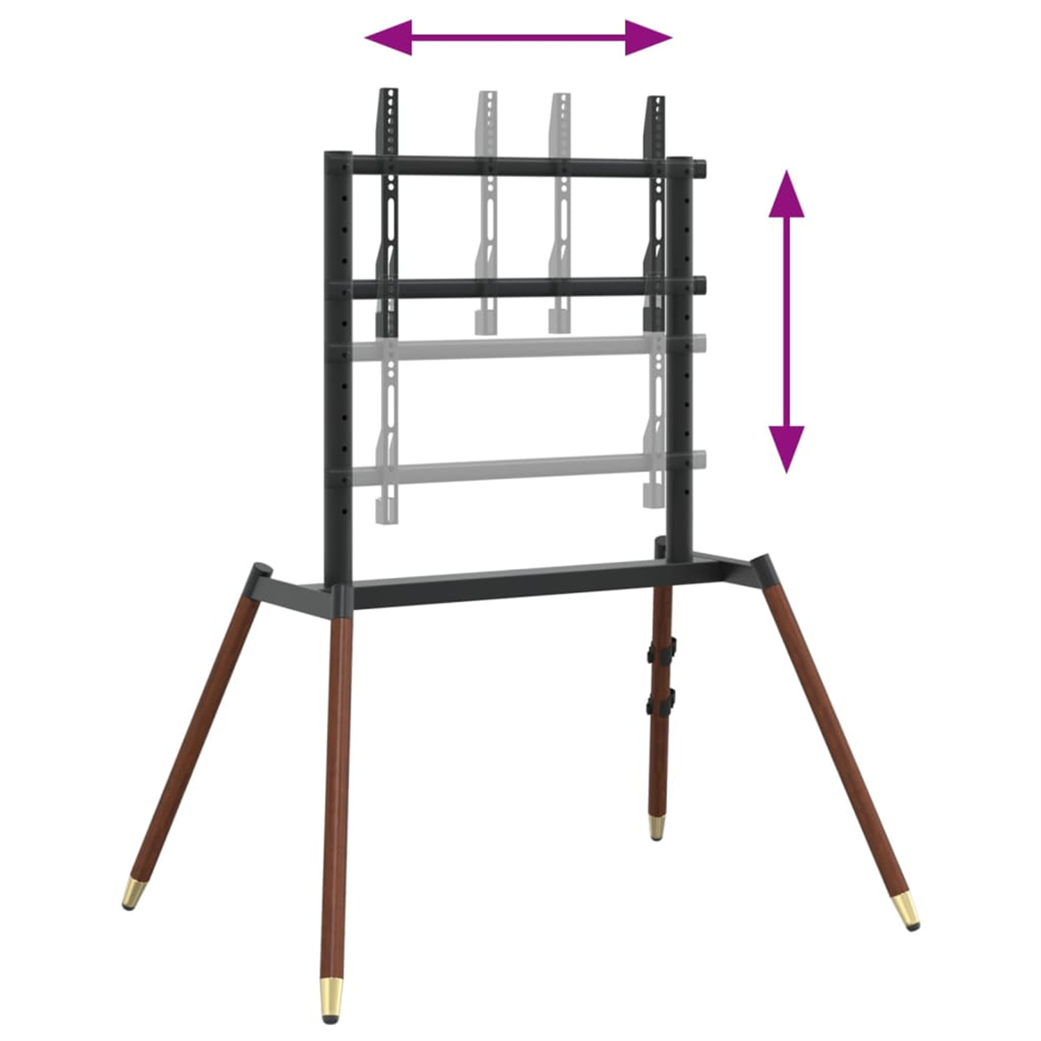 TV-Ständer mit höhen- und breitenverstellbarem, schwarzem Rahmen, Holzbeinen mit goldenen Spitzen.