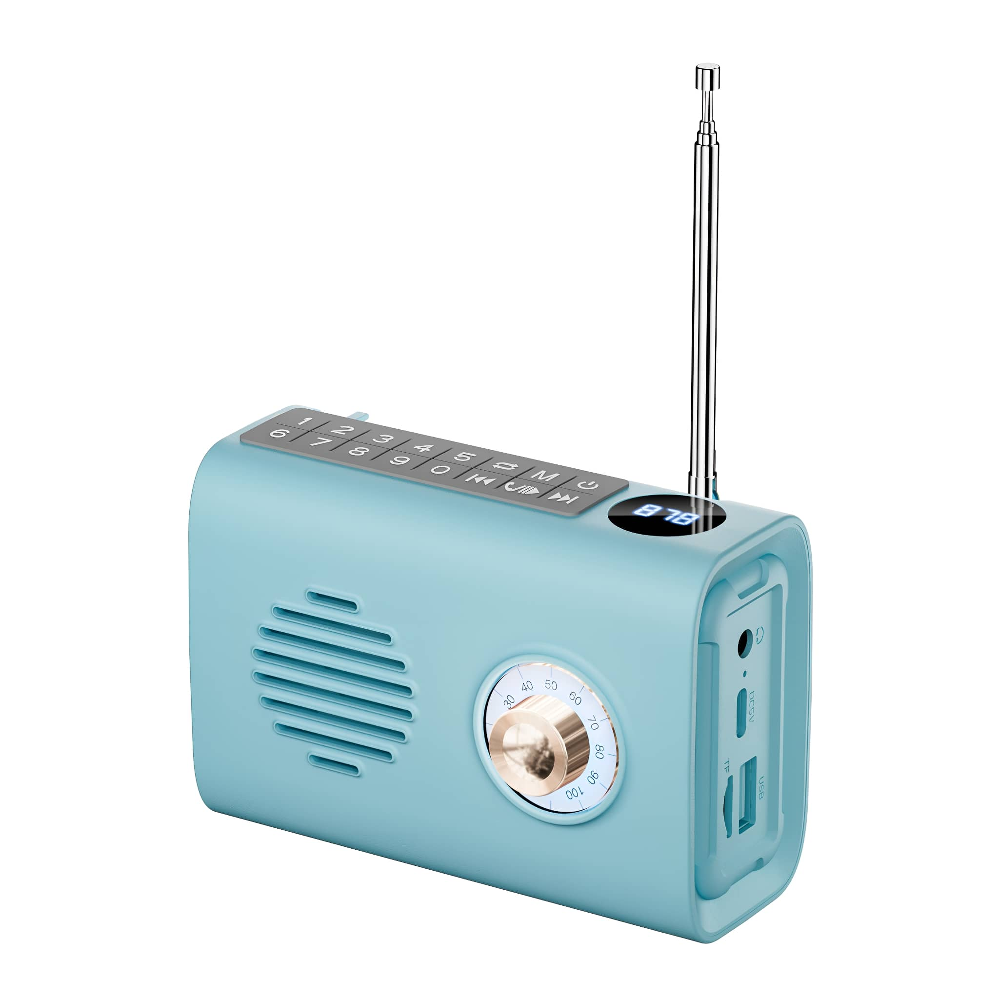 Blaues Retro-Radio mit Knöpfen, Drehregler und Antenne. Weißer Hintergrund.