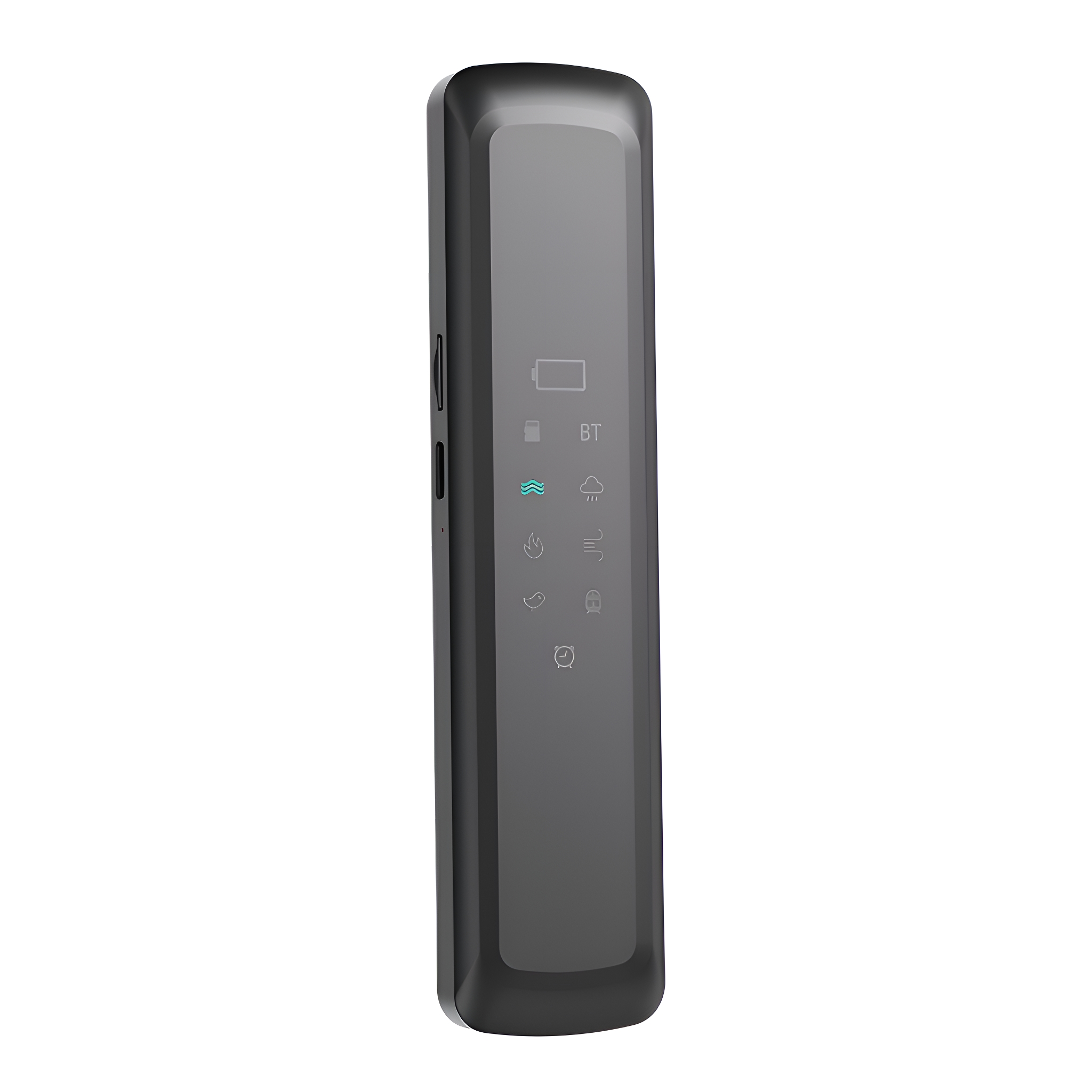 Schlankes, dunkelgraues Gerät mit Symbolen, Akkuanzeige und einer Taste. Smart Remote.