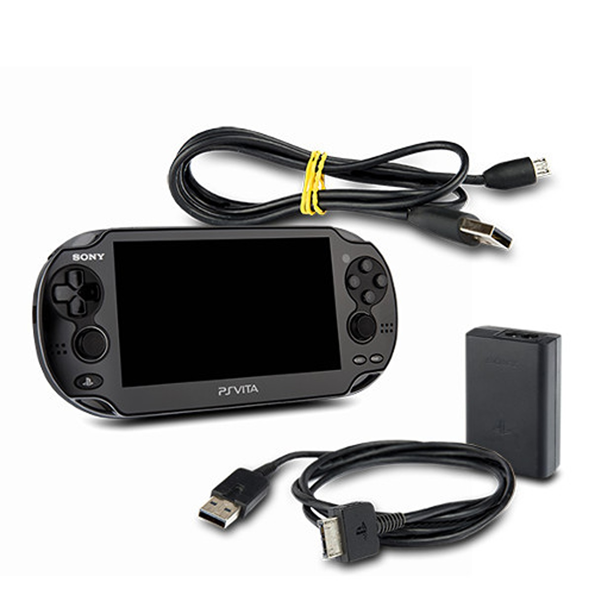 Schwarze PS Vita-Spielekonsole mit Ladekabeln und Ladegerät. Weißer Hintergrund.