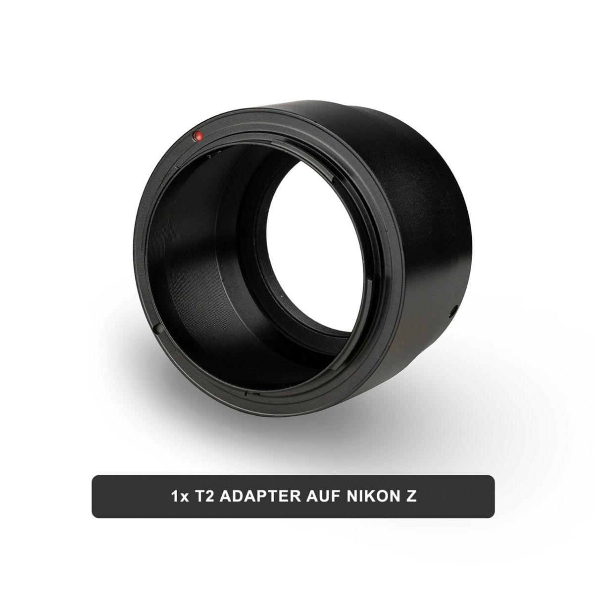 Schwarzer T2-Adapter für Nikon Z. Weißer Hintergrund.