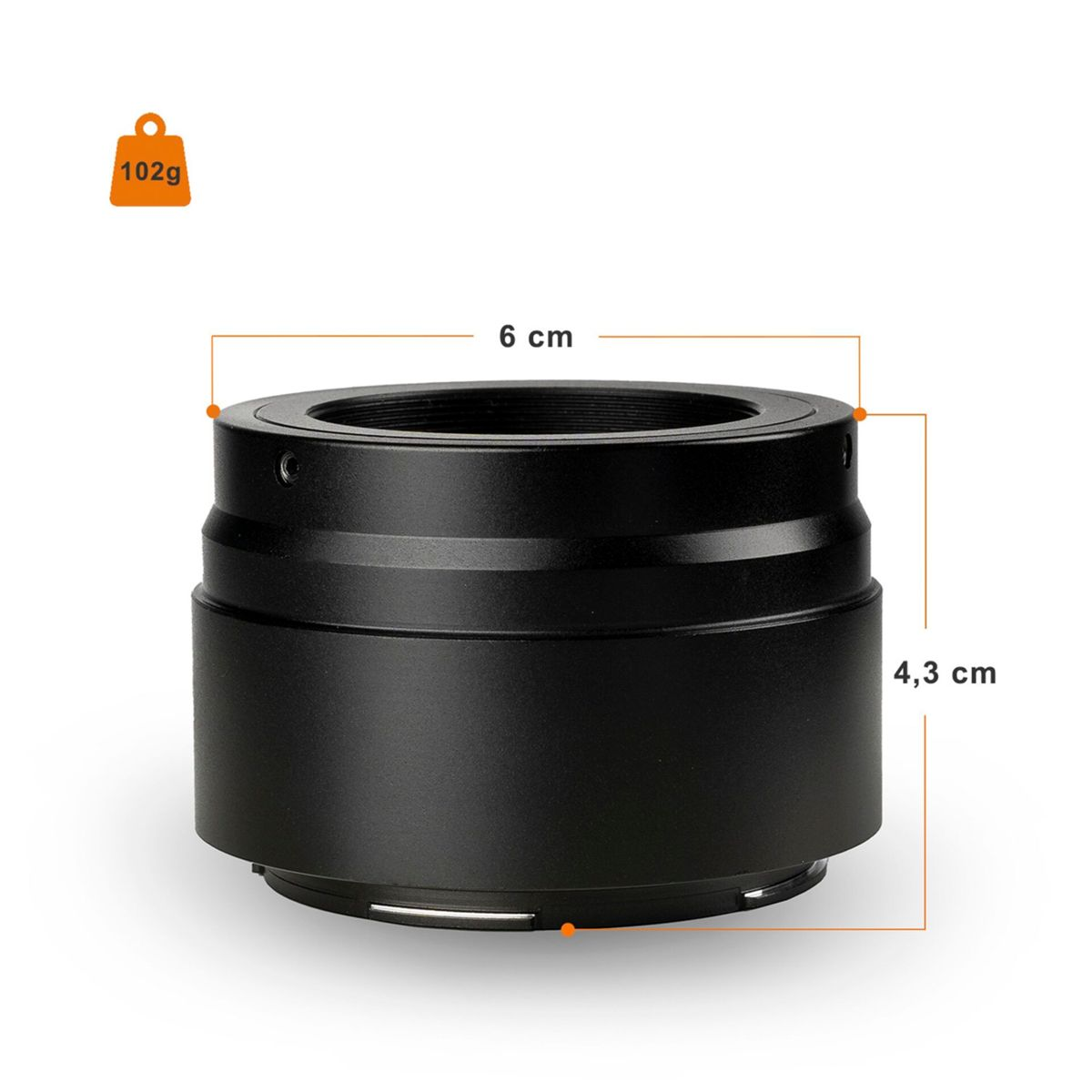 Schwarzer Kameraobjektivadapter mit Maßen: 6 cm breit und 4,3 cm hoch.
