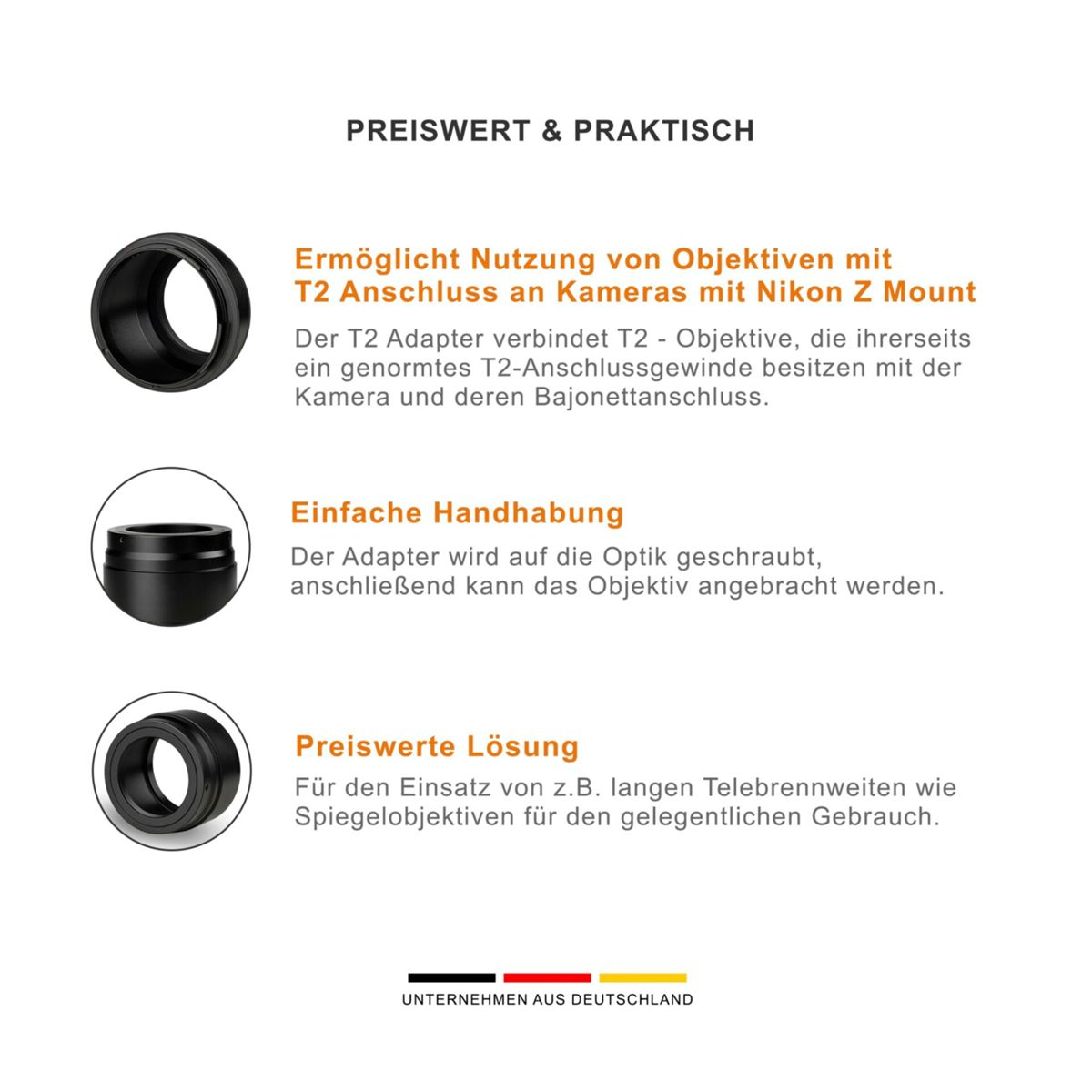 Informationstext über Kameraobjektive und Adapter. Schwarzes Objektiv auf der linken Seite. Weißer Hintergrund.