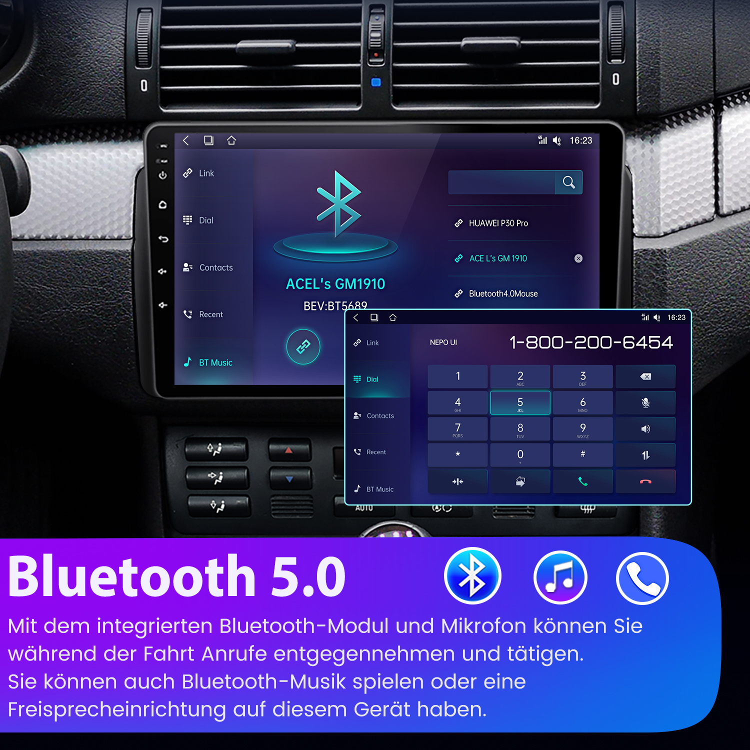 Ekran deski rozdzielczej samochodu wyświetla Bluetooth 5.0 i ekran wybierania numeru.