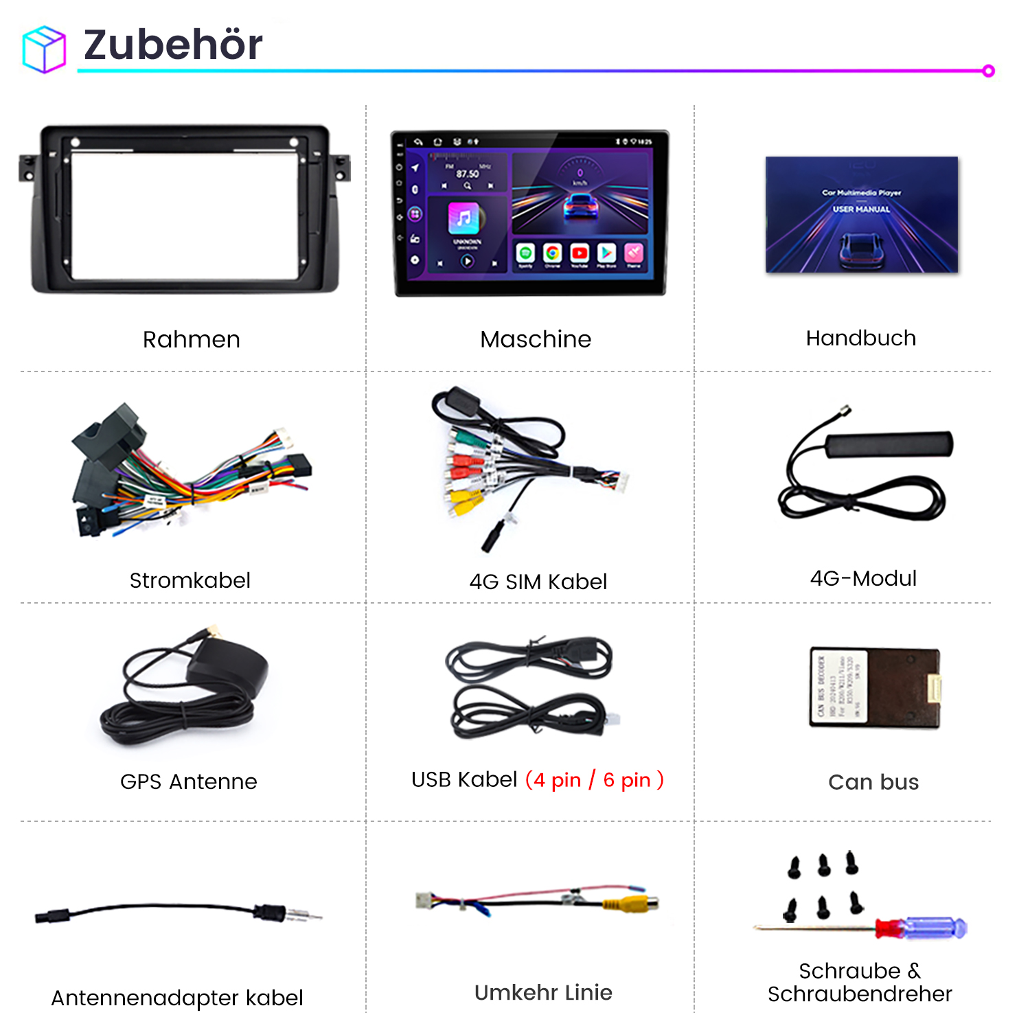 Elementy systemu multimedialnego samochodu: ramka, ekran, kable i akcesoria, ułożone na niebieskim tle.