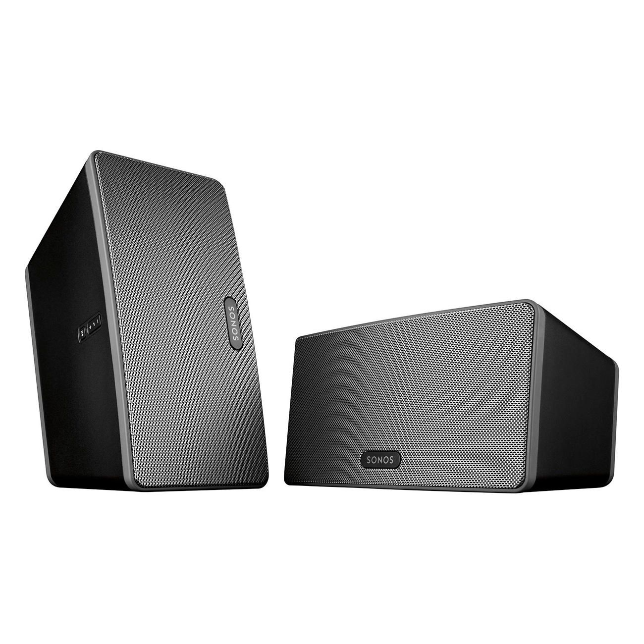 Zwei schwarze SONOS-Lautsprecher auf weißem Hintergrund. Schräge und horizontale Ansicht. Modernes, rechteckiges Design.