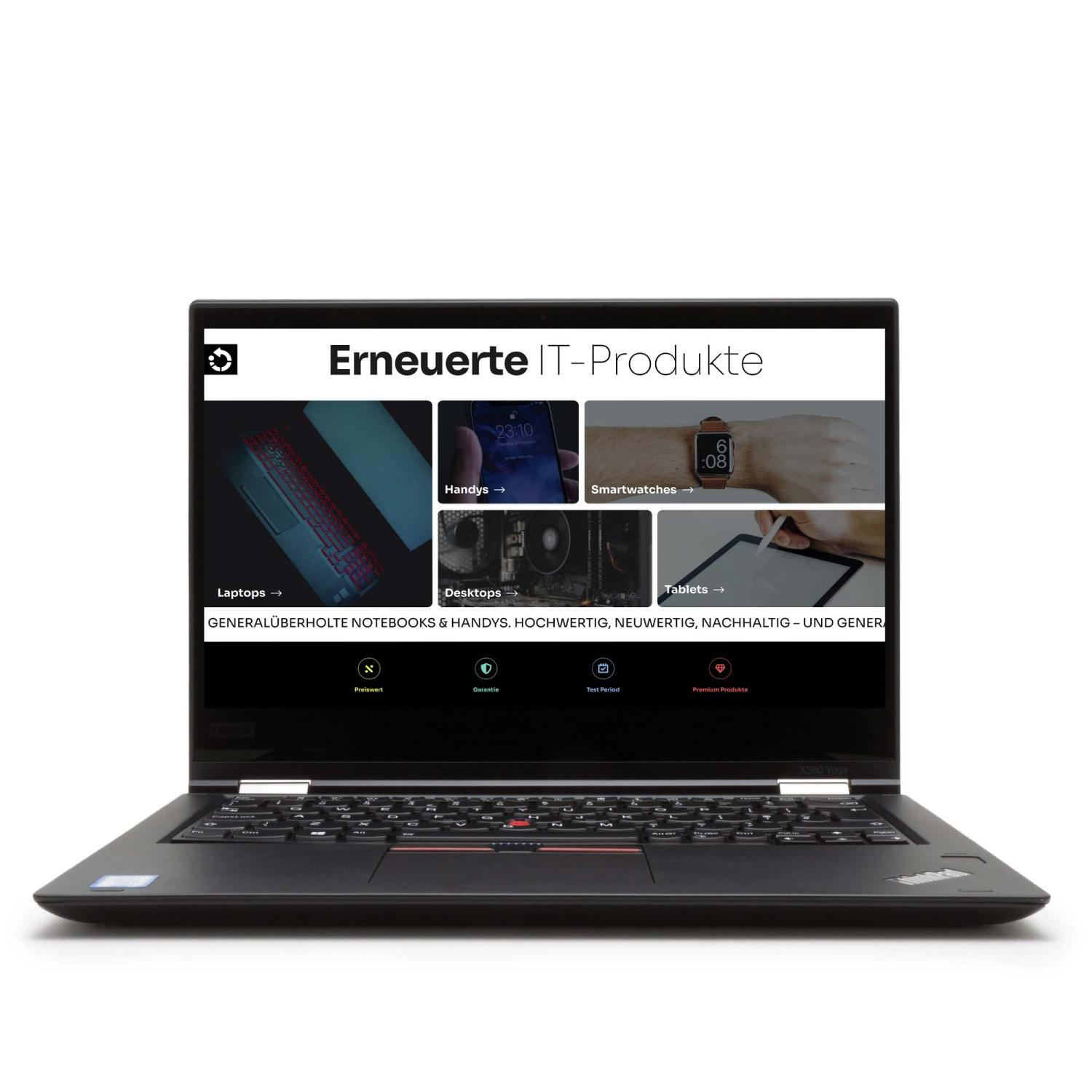 Ein Laptop auf einer weißen Oberfläche, auf dem eine Website mit verschiedenen IT-Produktkategorien angezeigt wird.