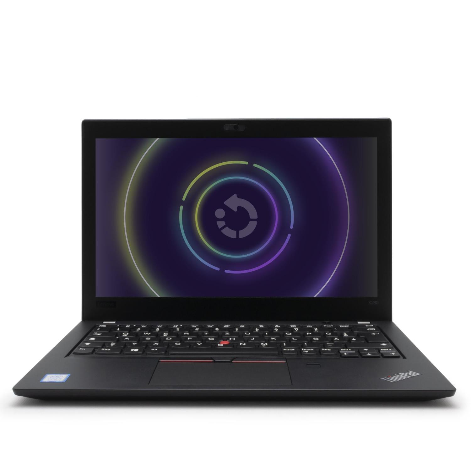 Ein schwarzer Laptop mit einer kreisförmigen Animation auf dem Bildschirm und einer Tastatur.