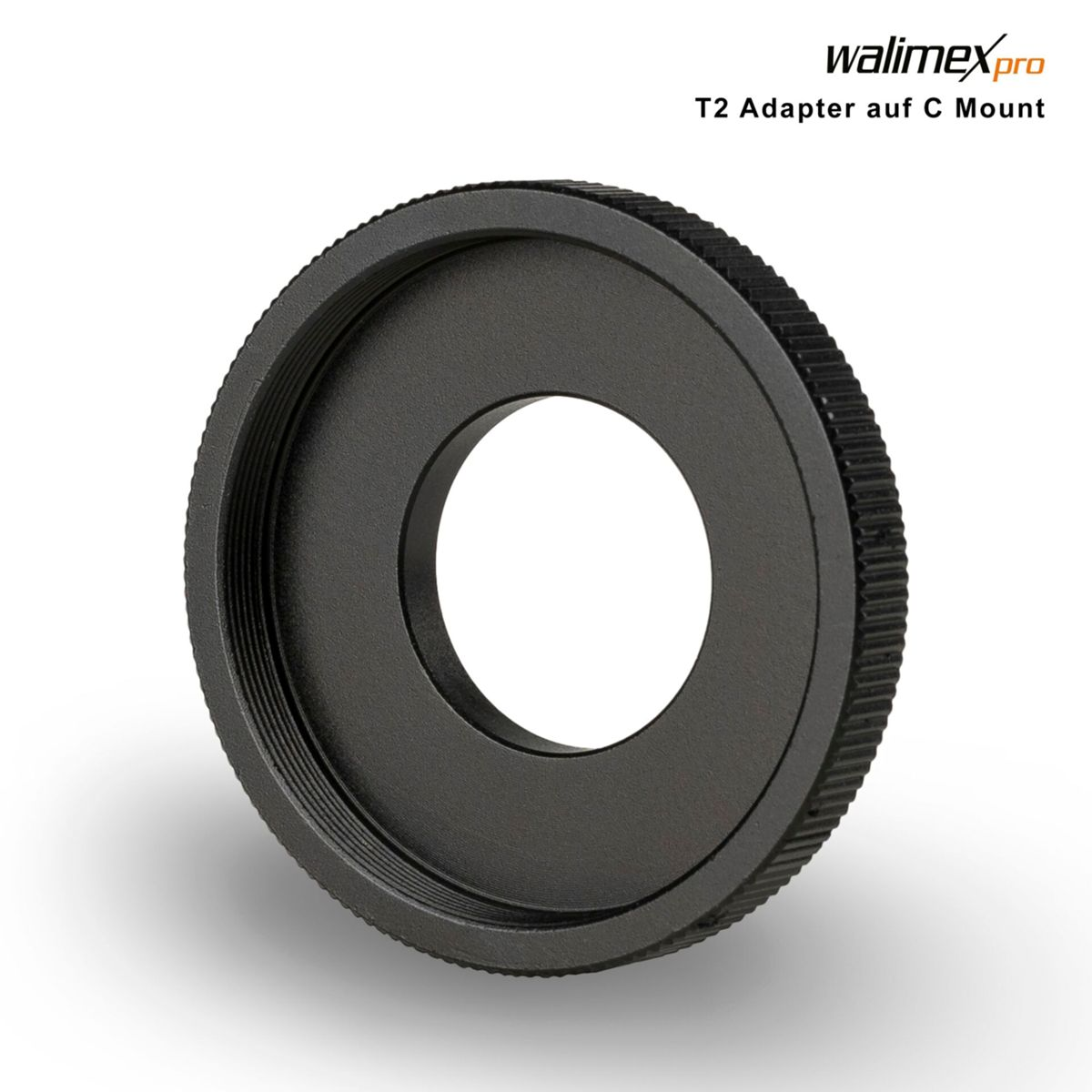Schwarzer T2-Adapter auf weißem Hintergrund mit Text "T2 Adapter auf C Mount".
