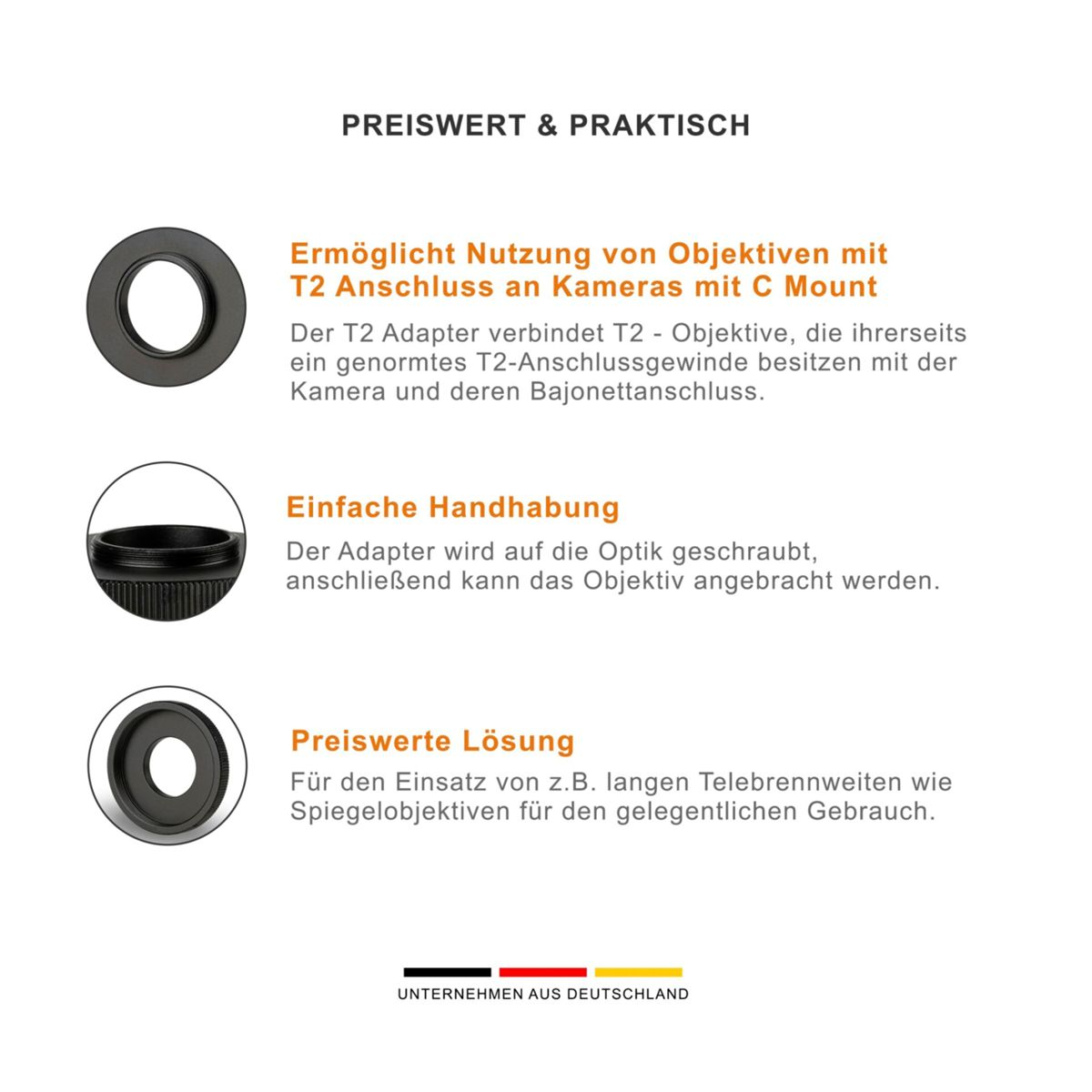 Schwarzer Kameraobjektivadapter mit Text und Diagrammen.
