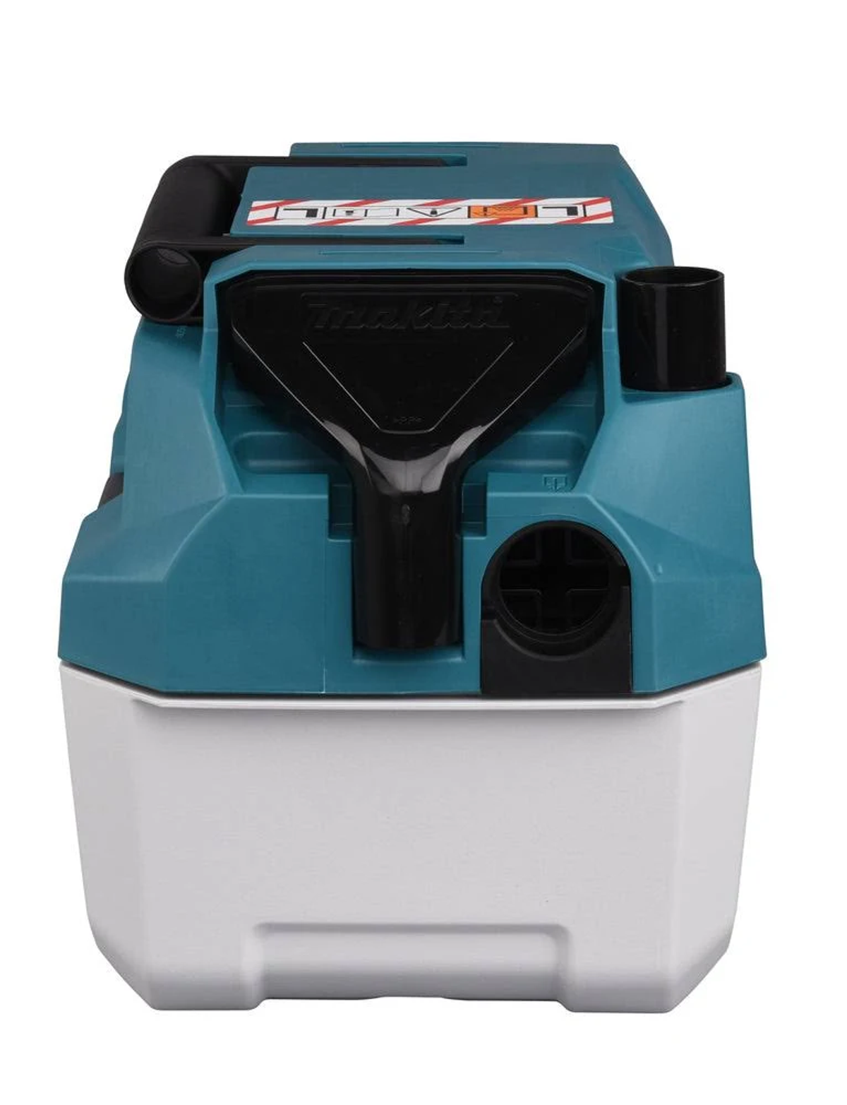 Primo piano di un aspirapolvere Makita blu e bianco con manico nero.