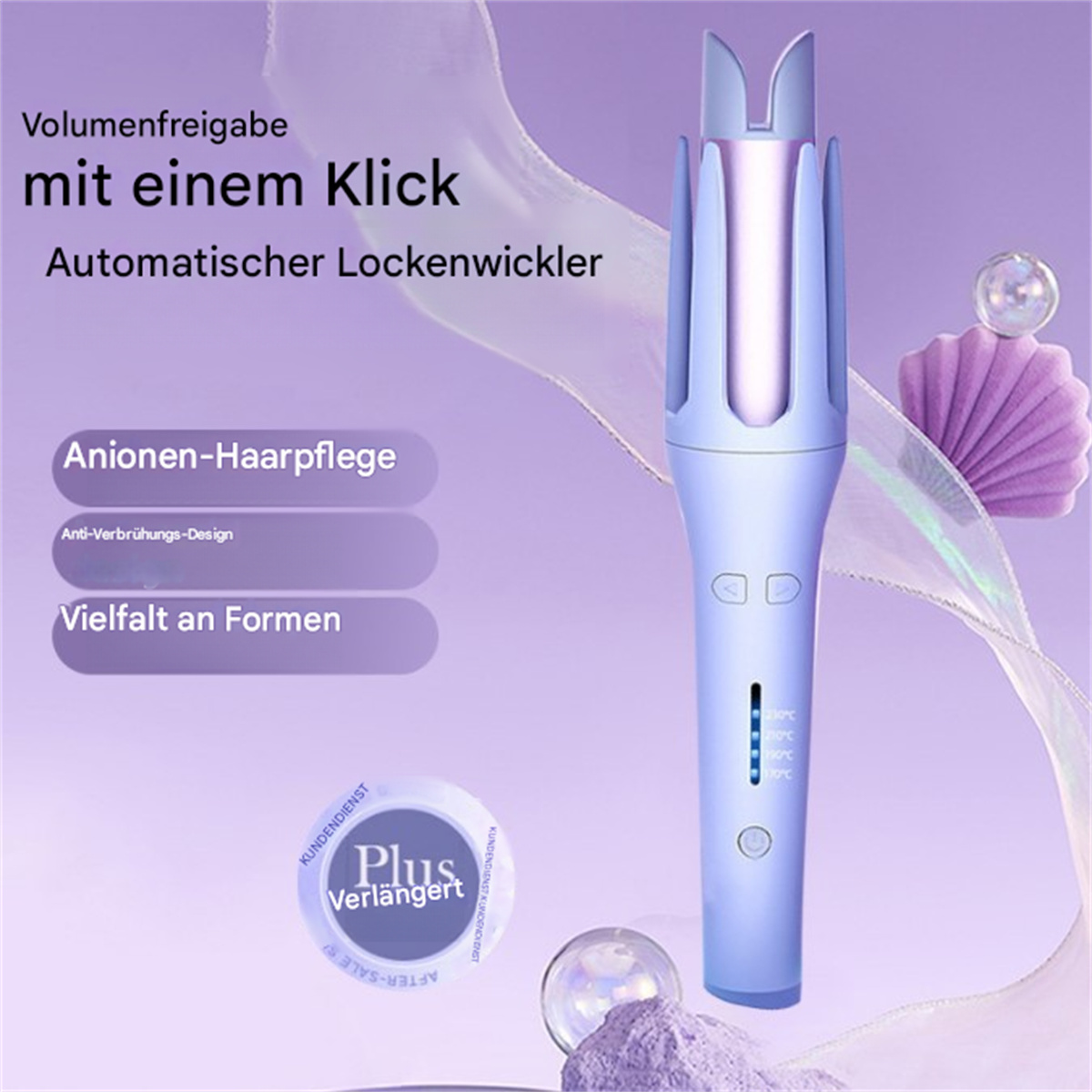 Ein lila Haarlockenwickler mit Kugeln und einem Etikett links.