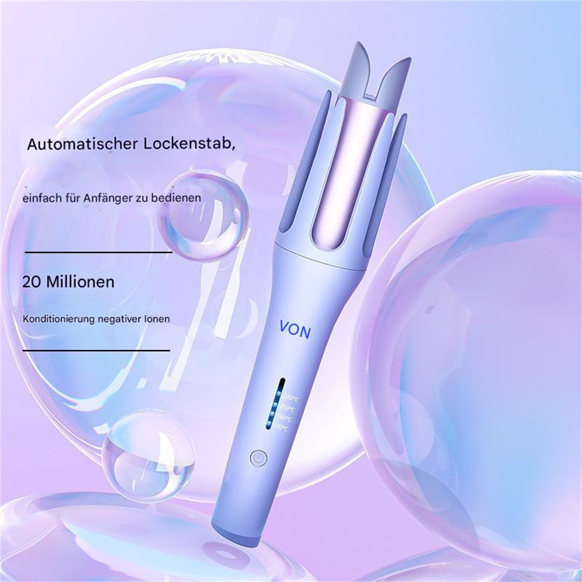 Ein lila Haarcurler mit Temperaturanzeige und Knopf, umgeben von Blasen.