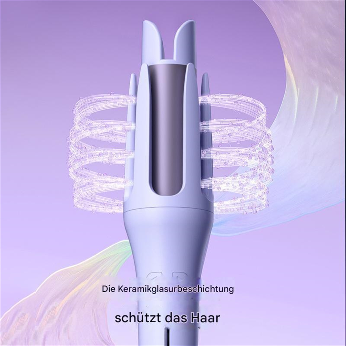 Haar-Lockenwickler in hellvioletter Farbe, Fokus auf dem Lockenwickelteil, Text auf Deutsch.