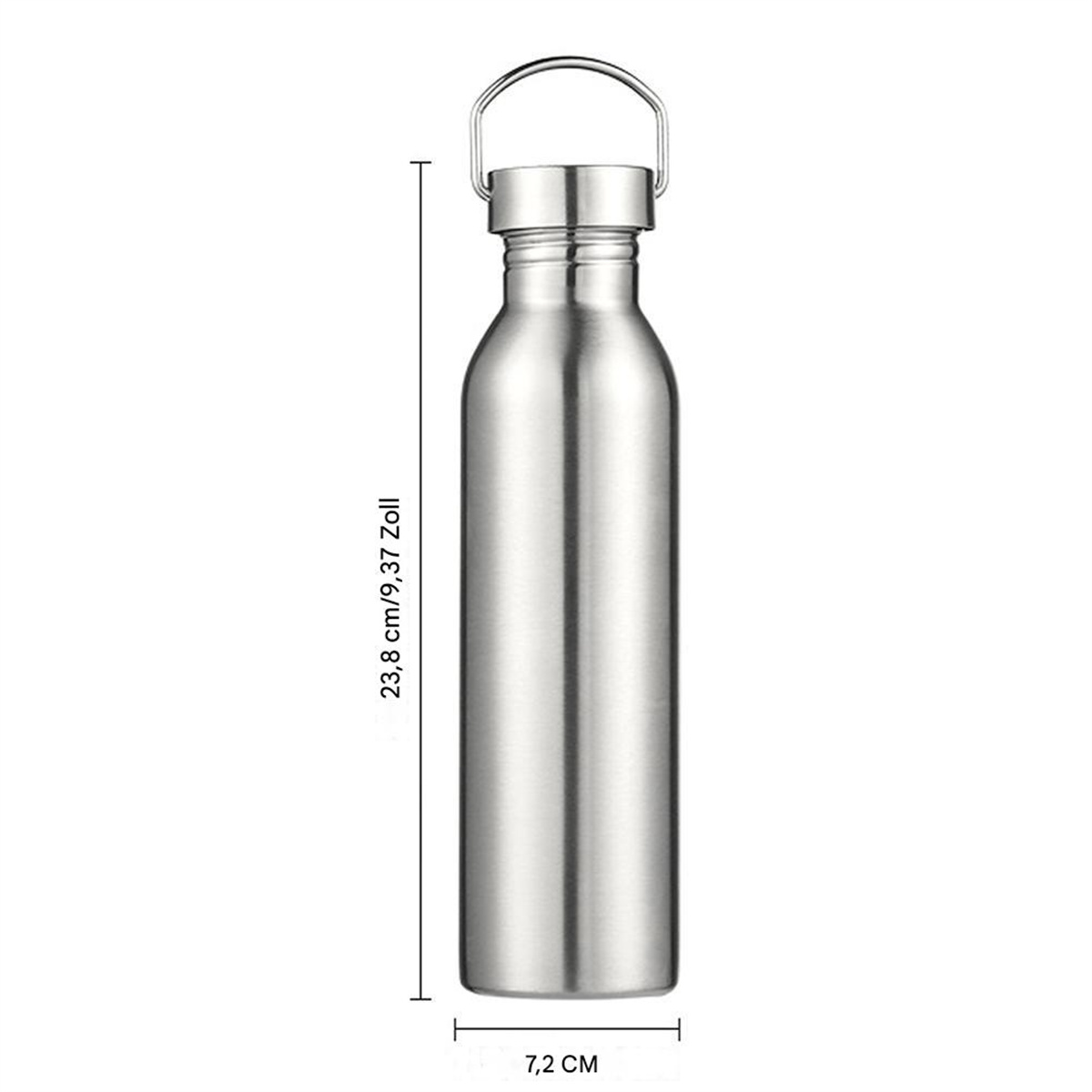 Edelstahl-Wasserflasche mit den Maßen: 23,8 cm/9,37 Zoll hoch, 7,2 cm breit.