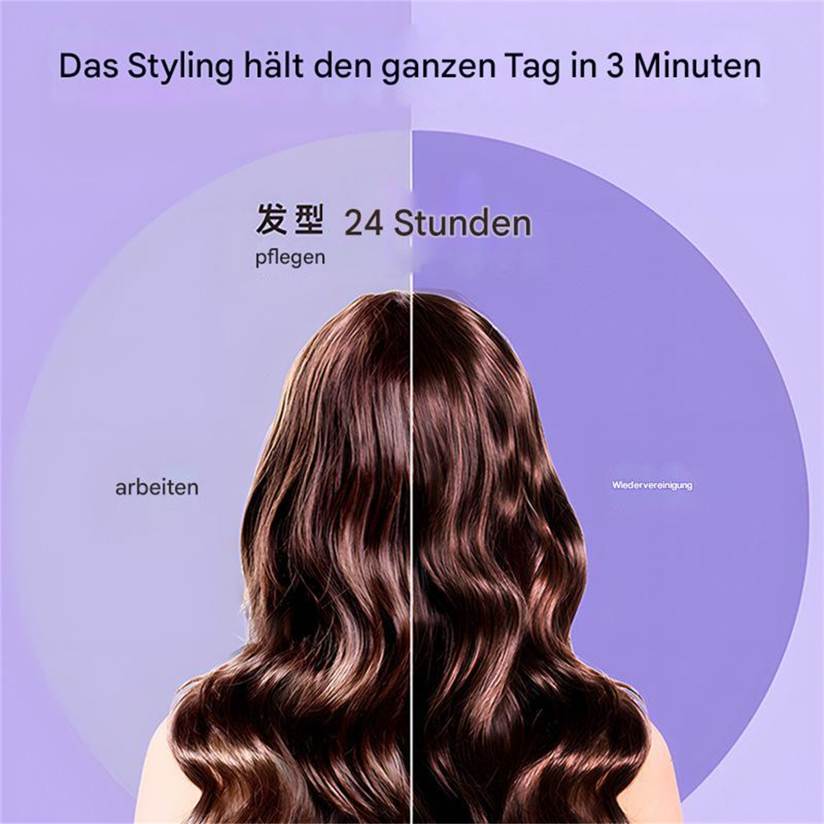Frisur einer Frau, die ihren lang anhaltenden Halt zeigt, mit Text auf Englisch und Chinesisch.