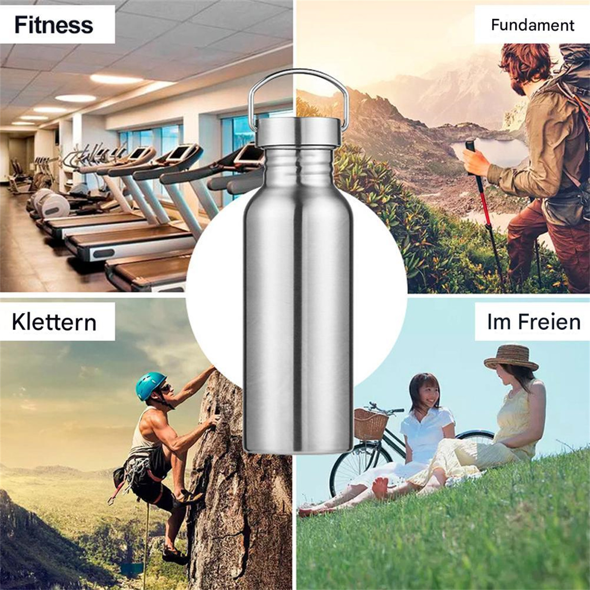 Edelstahl-Wasserflasche mit Szenen von Fitness, Wandern, Klettern und Entspannen.