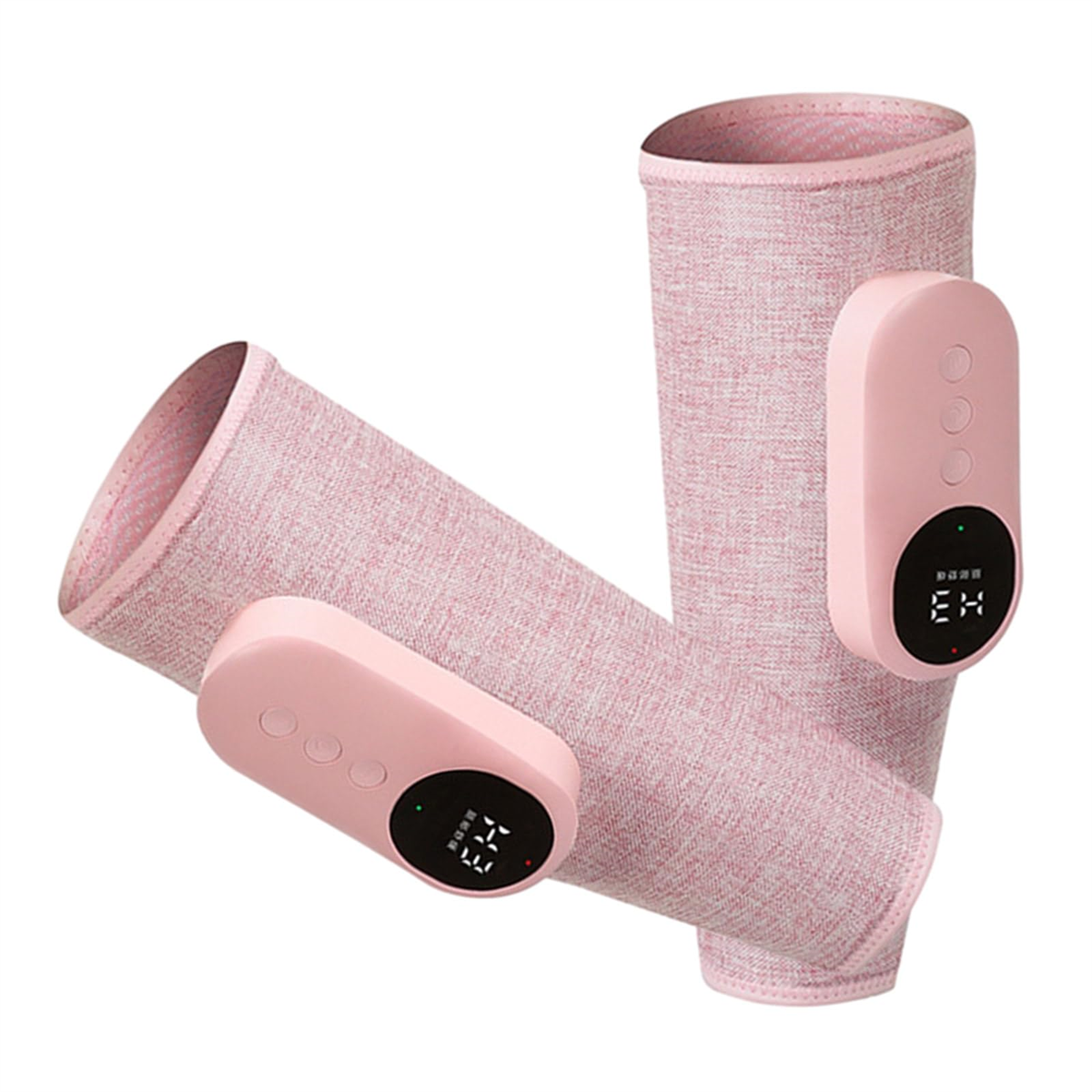Rosa Beinmassagegerät. Zwei rosa Controller. Einer ist mit dem Beinmassagegerät verbunden.