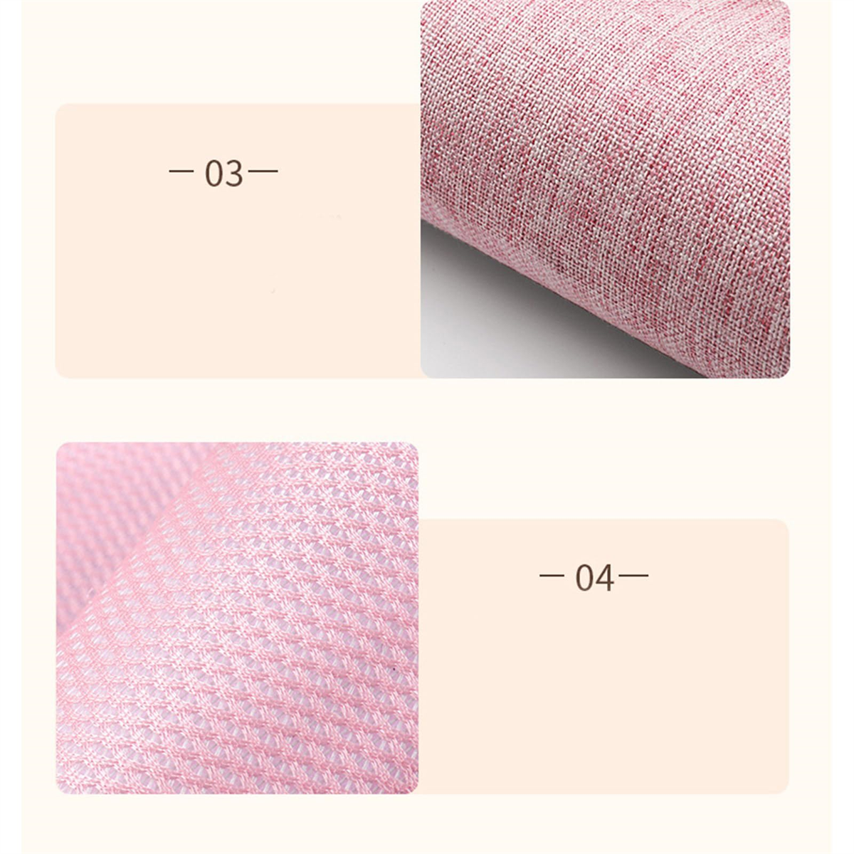 Nahaufnahme von zwei Stoffmustern. Eines ist rosa, strukturiert und das andere ist rot und gewebt.