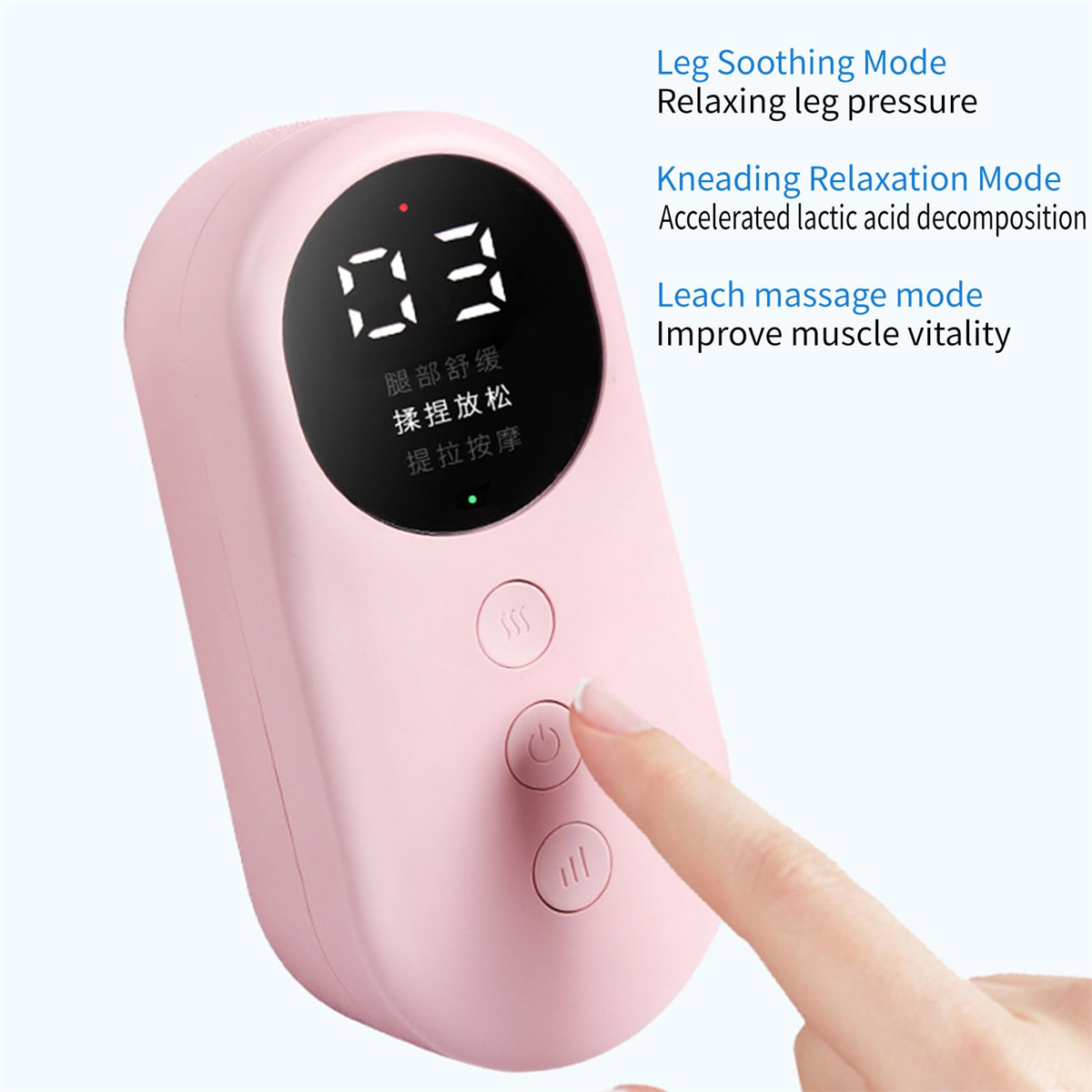 Rosa Beinmassagegerät mit Display und Tasten, ein Finger drückt eine Taste. Text liest Massagemodi.