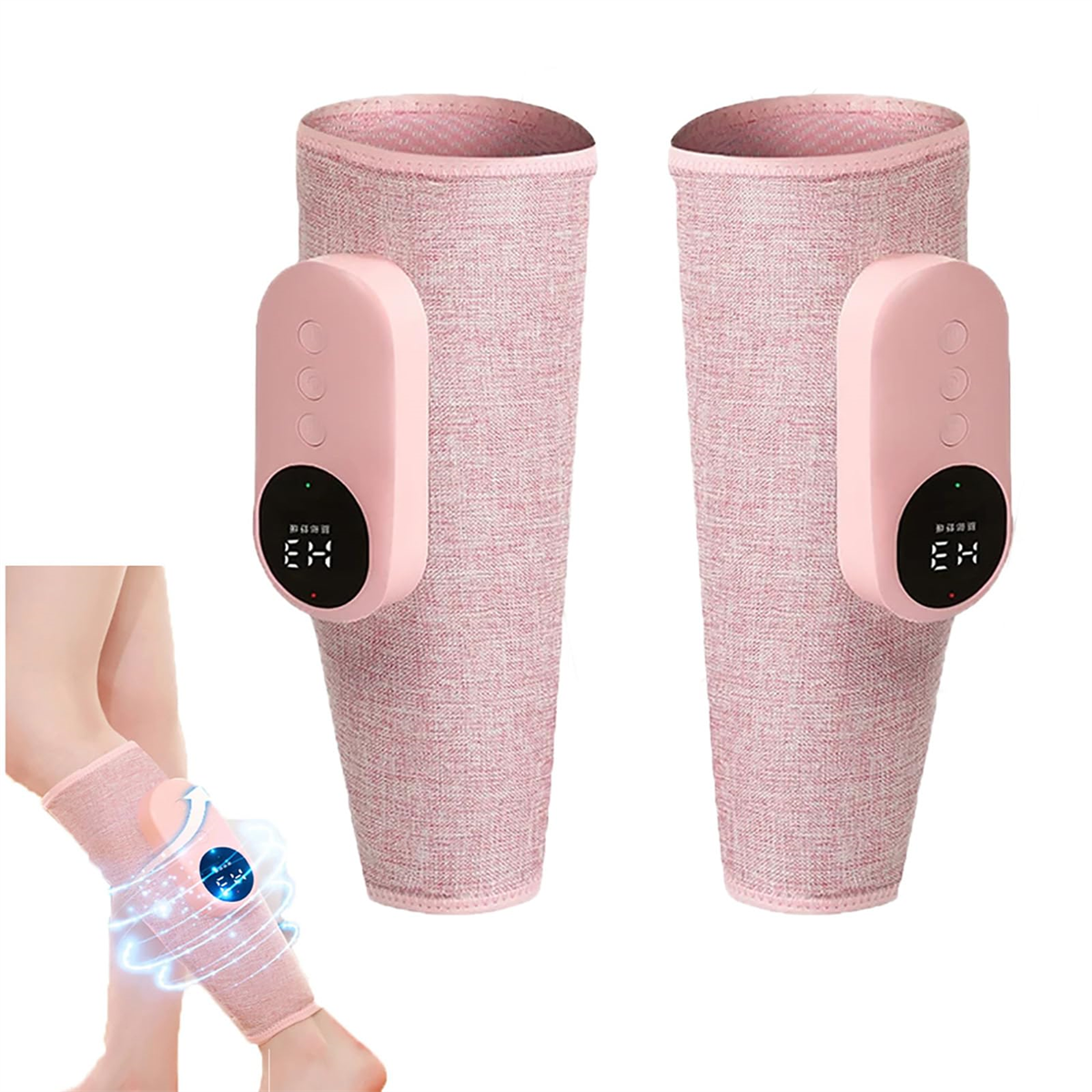 Rosa Beinmassage-Ärmel mit Bedienfeldern. Einer befindet sich an einem Bein.