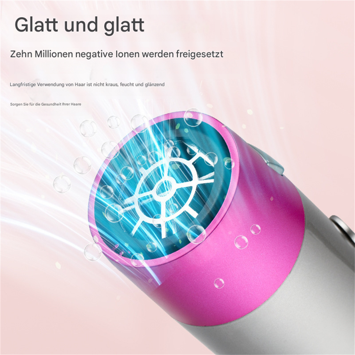 Ein pinkfarbener und silberner Haartrockner mit Blasen und Lichtstrahlen. Der Trockner ist eingeschaltet.