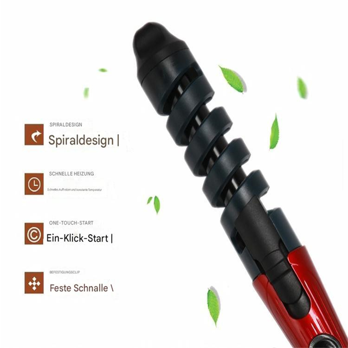 Lockenstab mit rotem Griff und schwarzem Spiralelement mit deutschem Text.