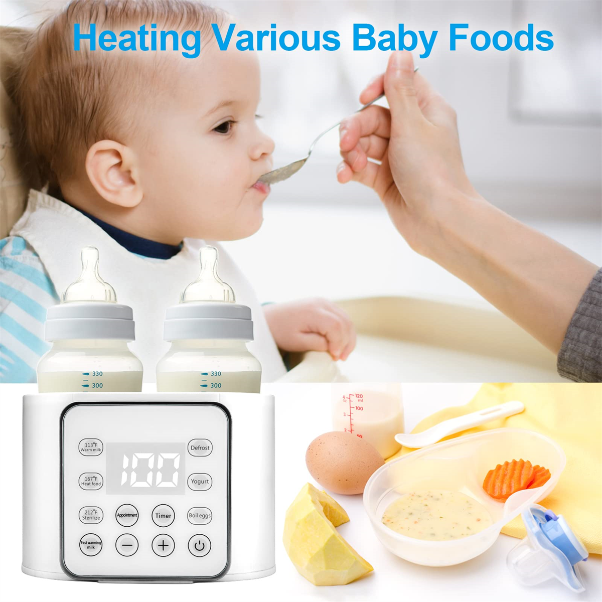 Ein Baby isst Essen von einem Löffel. Flaschen, ein Wärmer und Babynahrung sind ebenfalls zu sehen.